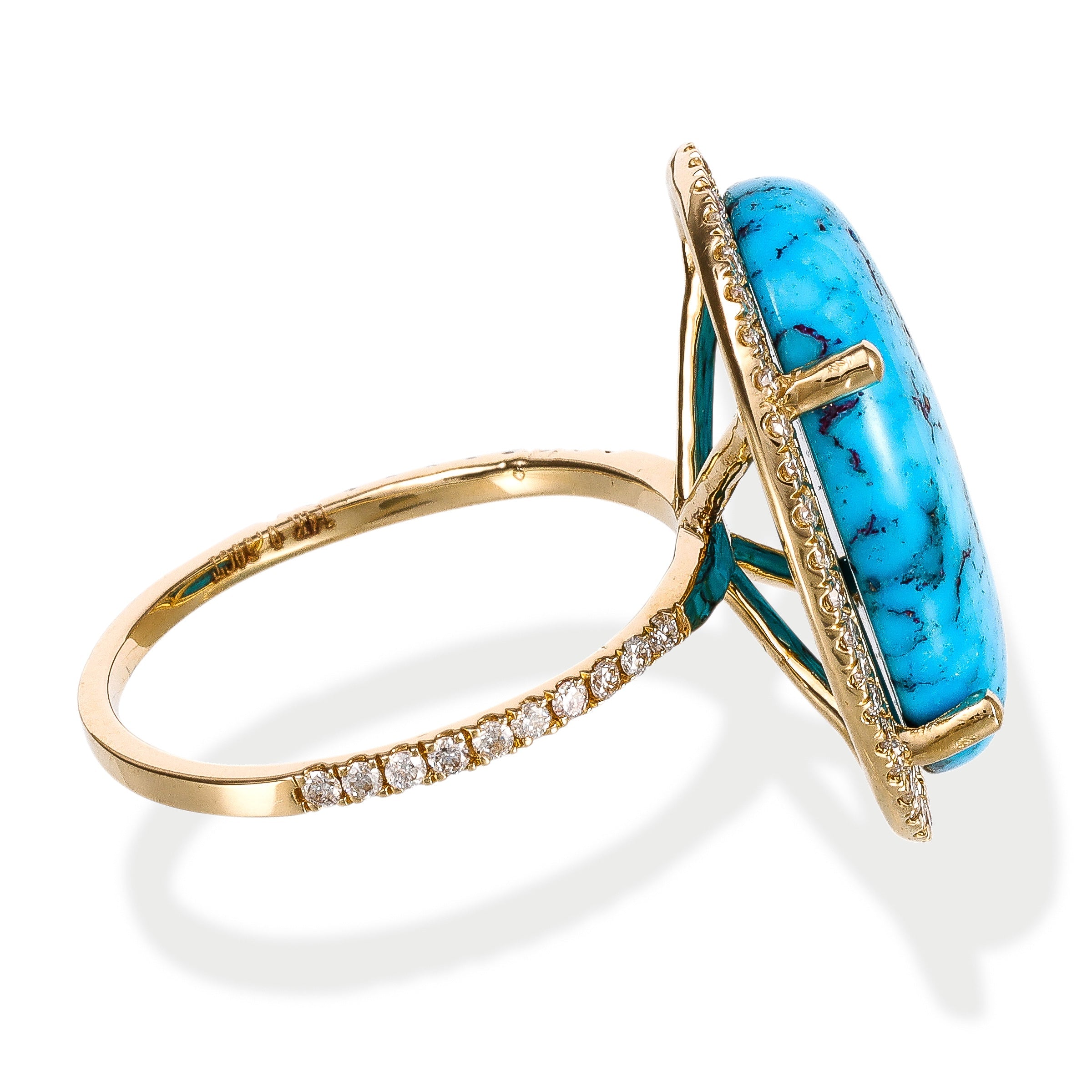Anillo De Oro Amarillo De 14K Con Diamantes Y Turquesa Ovalada 11.2 Ct.