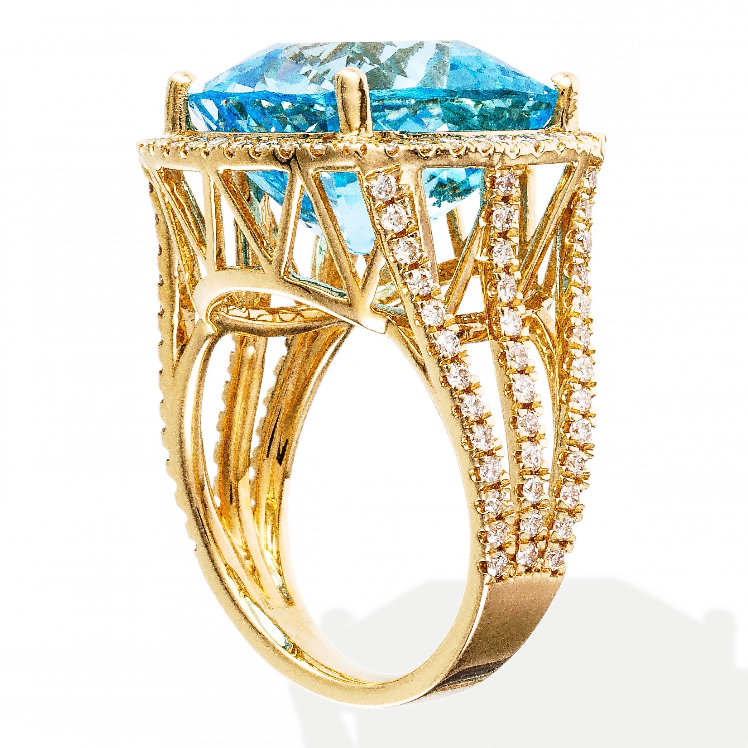Anillo de Diamantes & Turquesa & Topacio en Oro Amarillo de 14K 14.20ct
