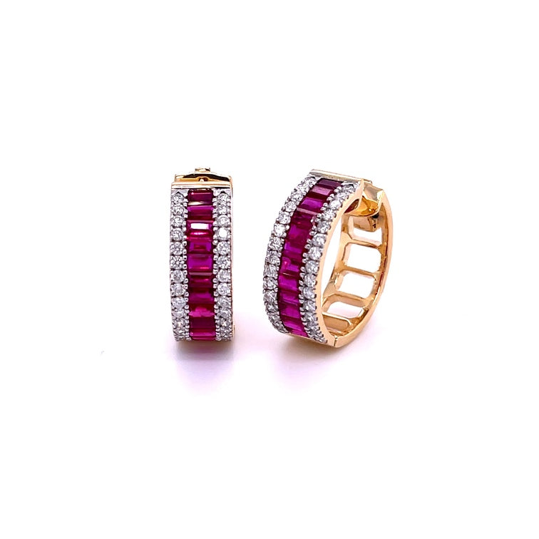 Aretes de Diamantes & Rubí en Oro Amarillo de 14K 3.17ct