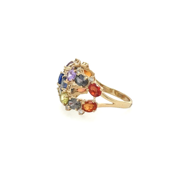 Anillo De Oro Amarillo Con Zafiro Multicolor Y Diamantes 3.25 Ct.