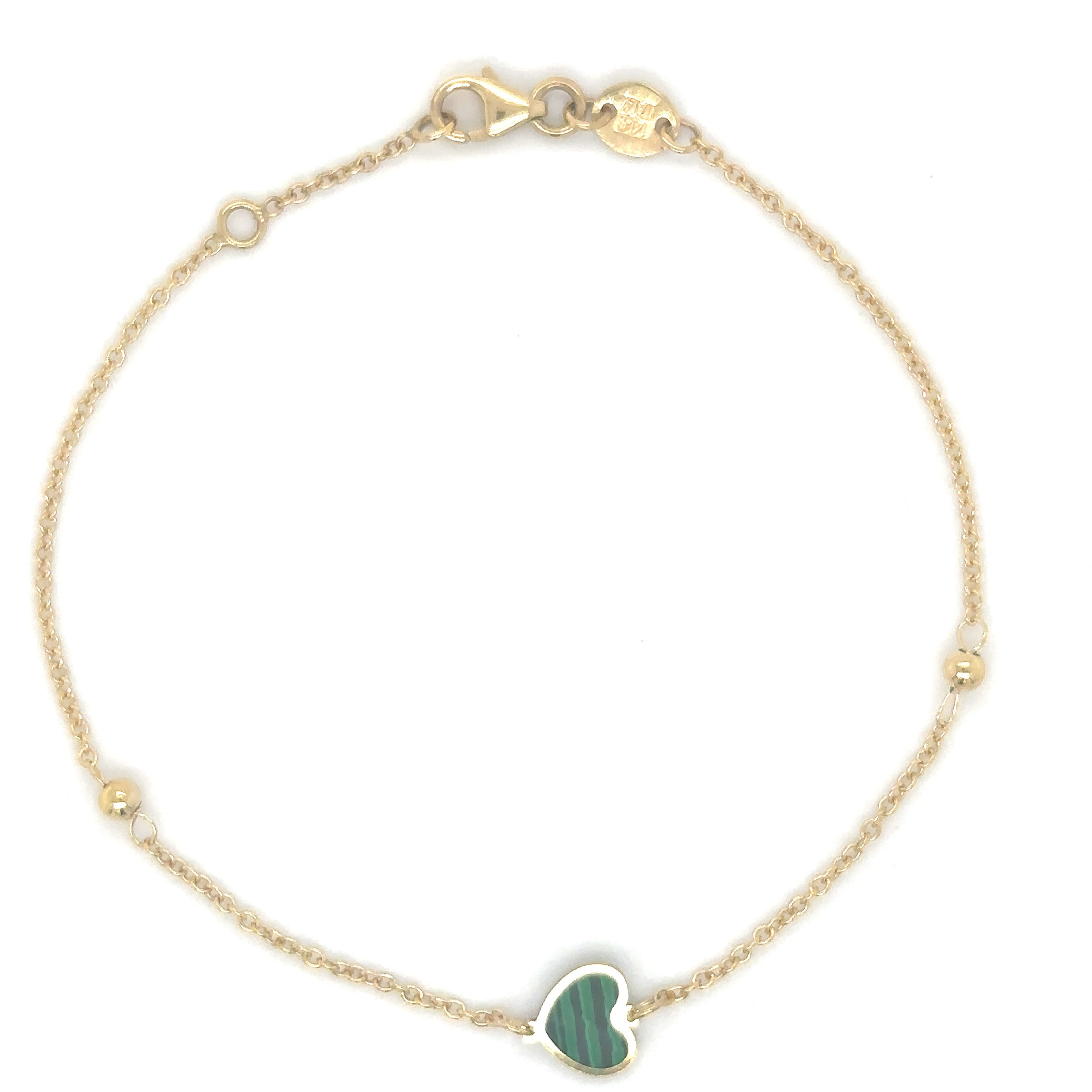 Pulsera De Bola De Corazón De Malaquita En Oro Amarillo De 14Kt 7"