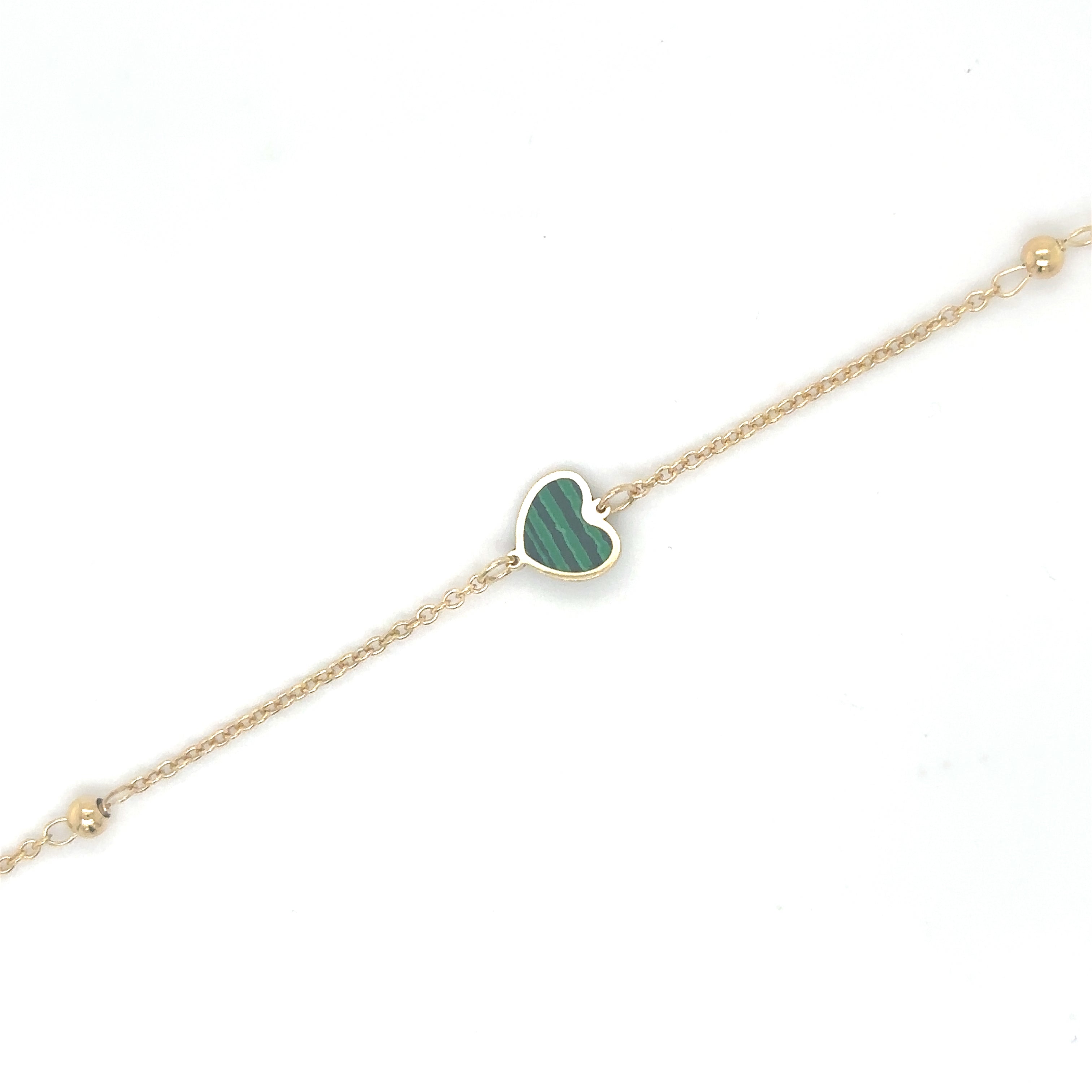 Pulsera De Bola De Corazón De Malaquita En Oro Amarillo De 14Kt 7"
