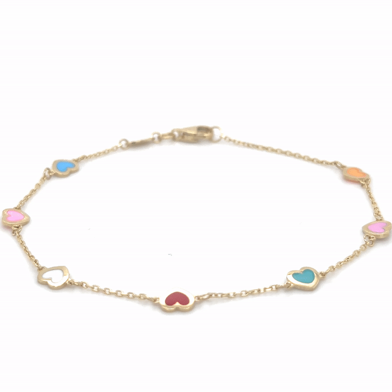 Pulsera De Corazón De Esmalte De Oro Amarillo De 14Kt 7"