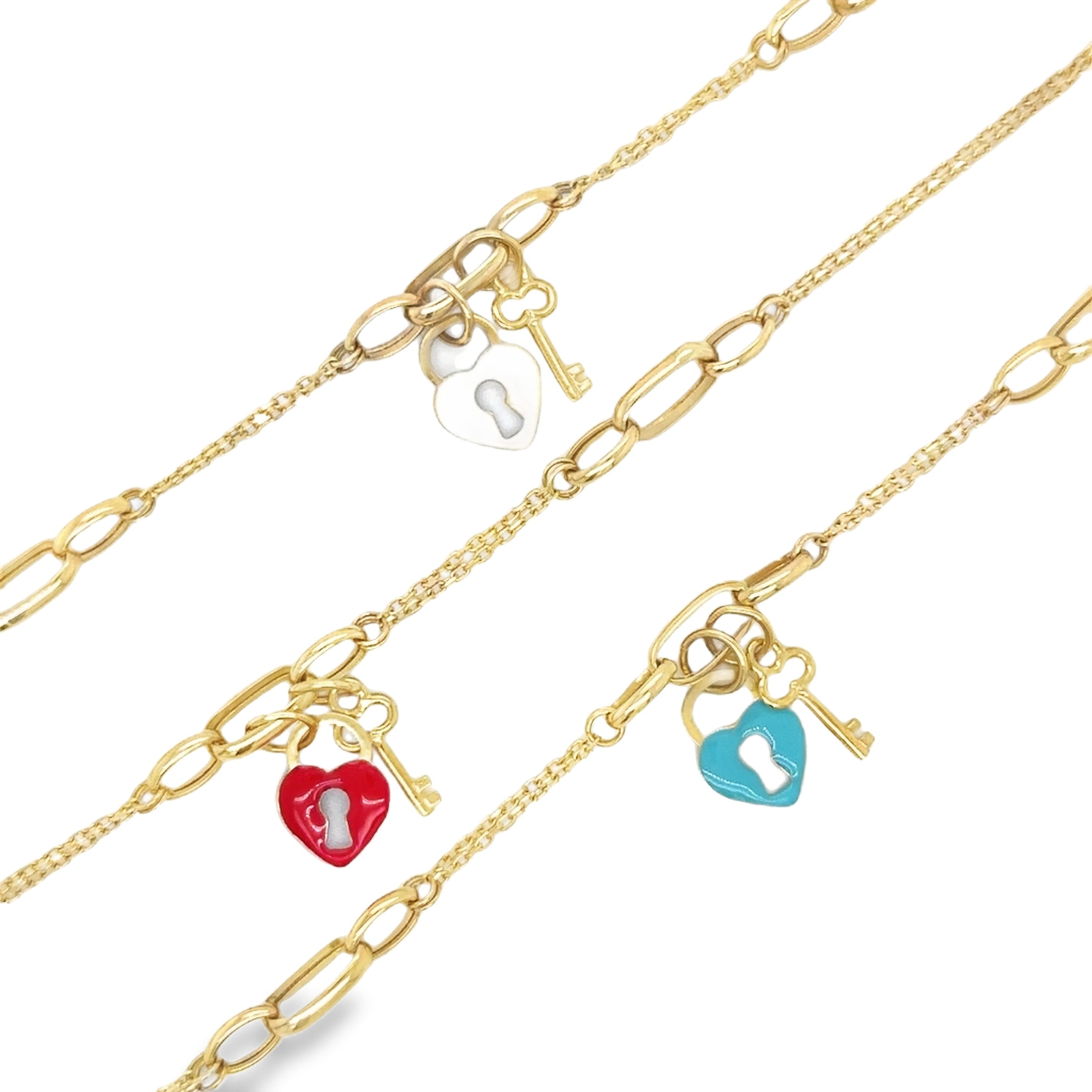 Pulsera Con Cerradura Y Llave En Oro Amarillo De 14K Y Esmalte De Corazón De 7,5"  TCW.