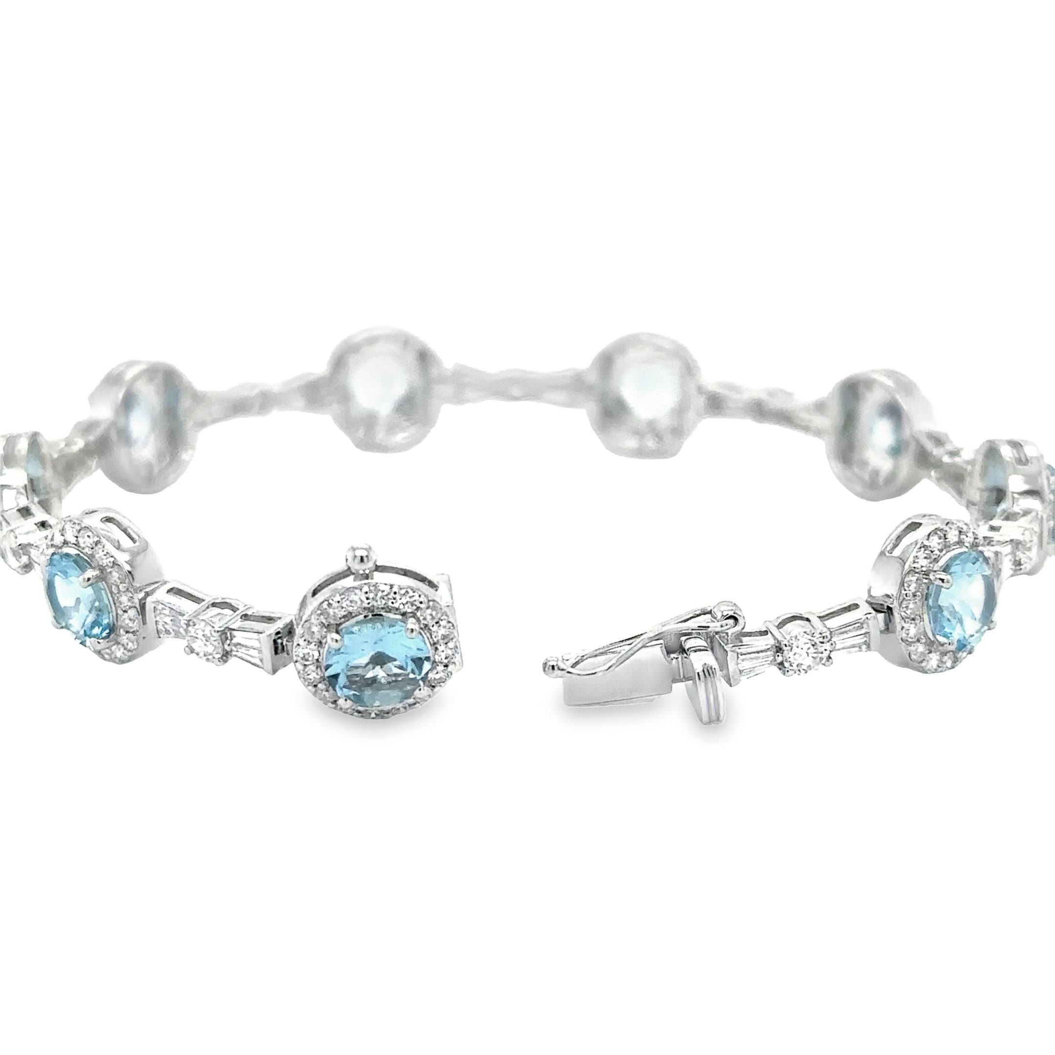 Pulsera De Tenis De Diamantes Y Aguamarina De Oro Blanco De 14K 10.56 Ct.