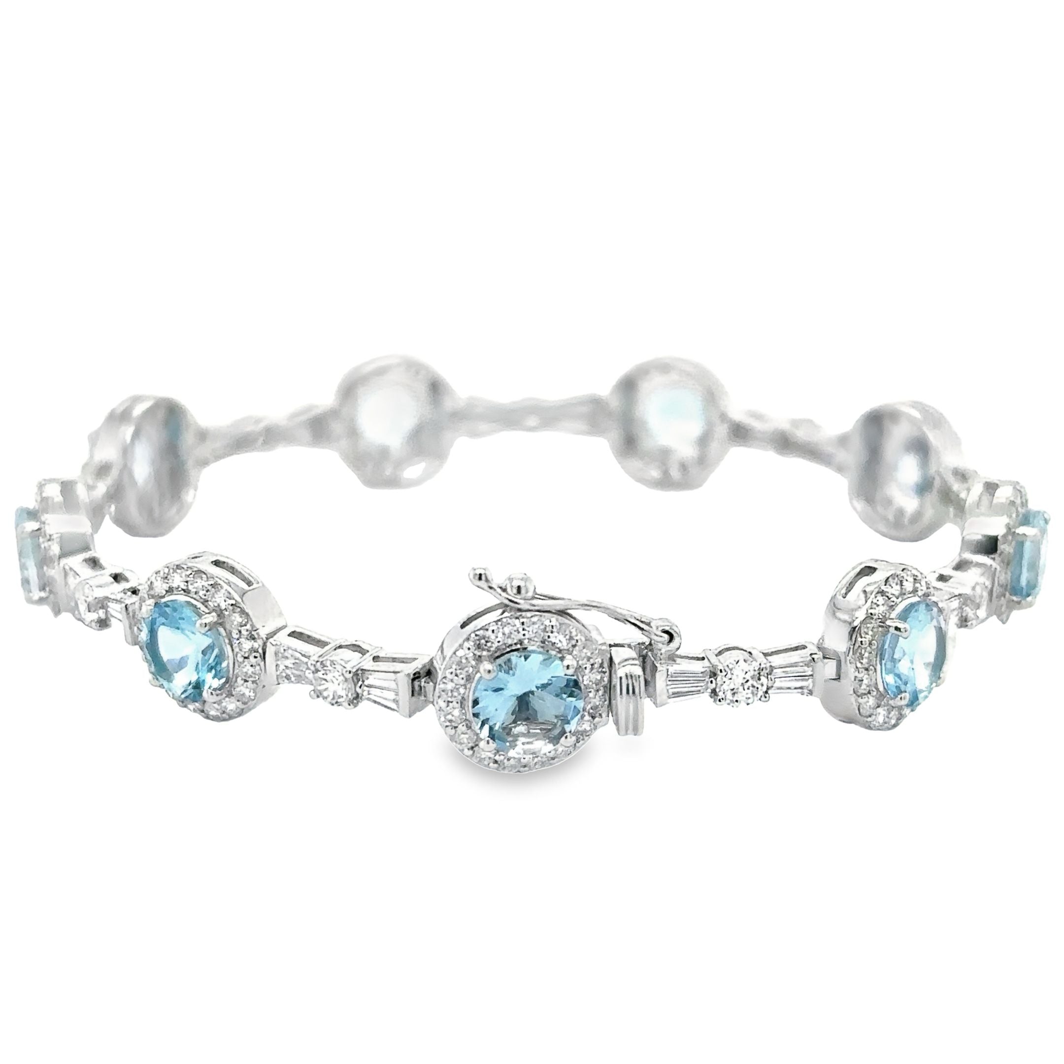 Pulsera De Tenis De Diamantes Y Aguamarina De Oro Blanco De 14K 10.56 Ct.