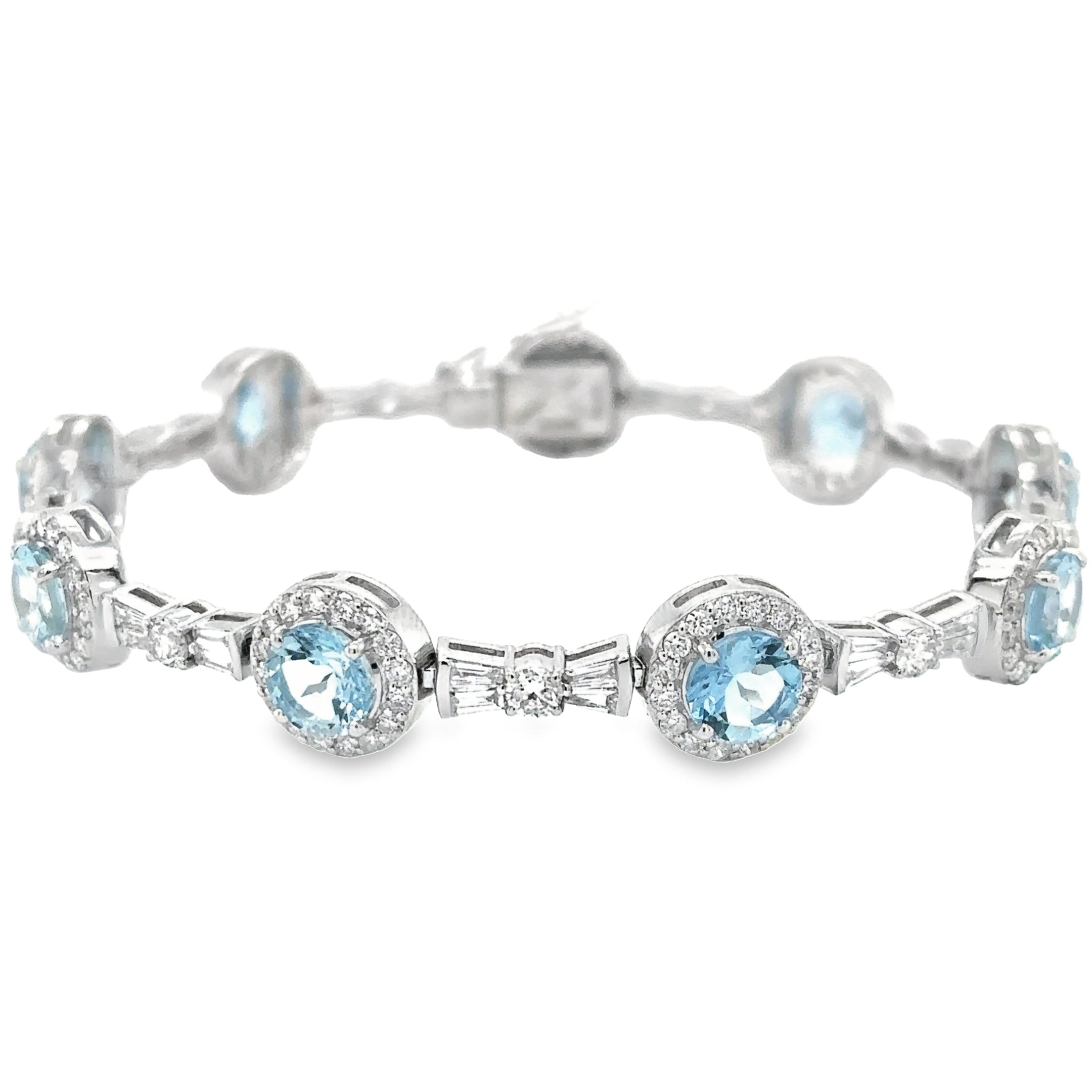 Pulsera De Tenis De Diamantes Y Aguamarina De Oro Blanco De 14K 10.56 Ct.