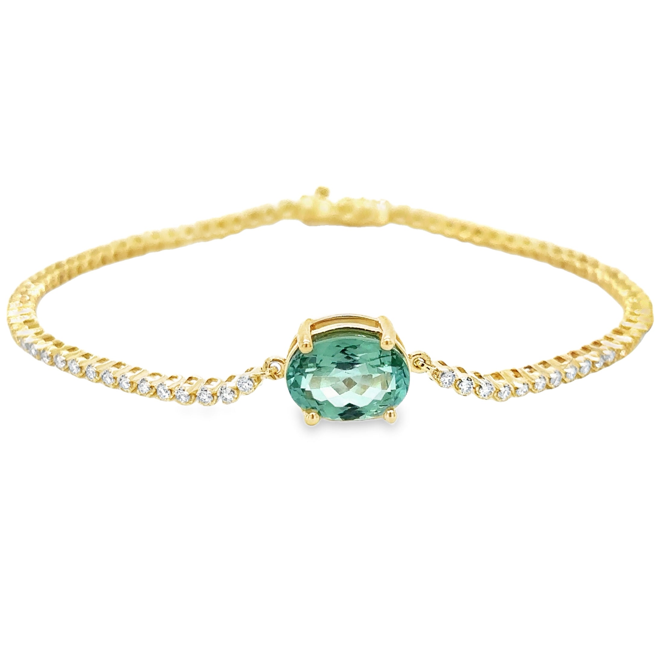Pulsera De Tenis Con Turmalina Y Diamantes En Oro Amarillo De 14 K,  3.38 TCW.