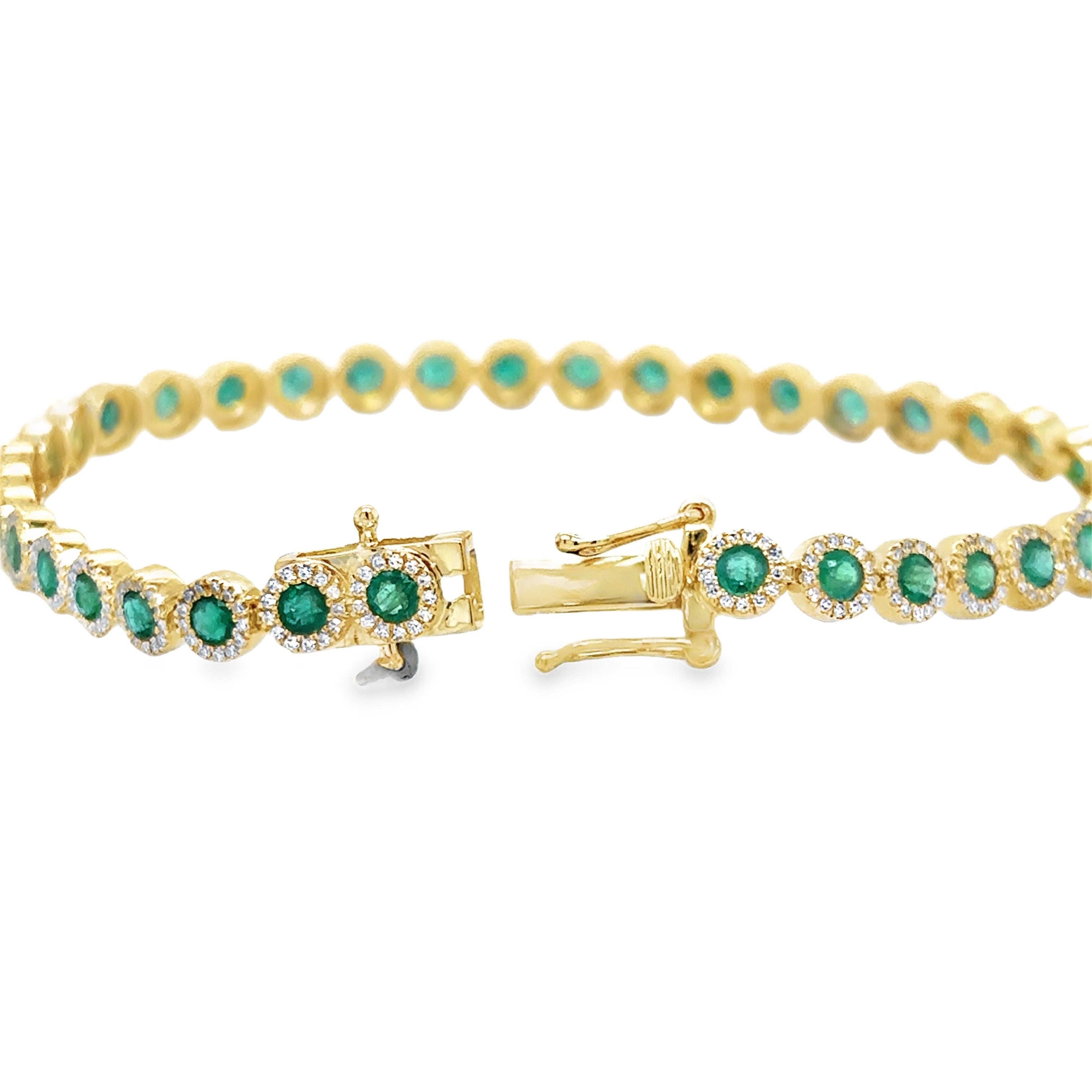 Pulsera De Tenis De Oro Amarillo De 14 Quilates Con Esmeraldas Y Diamantes 3.75 Ct.