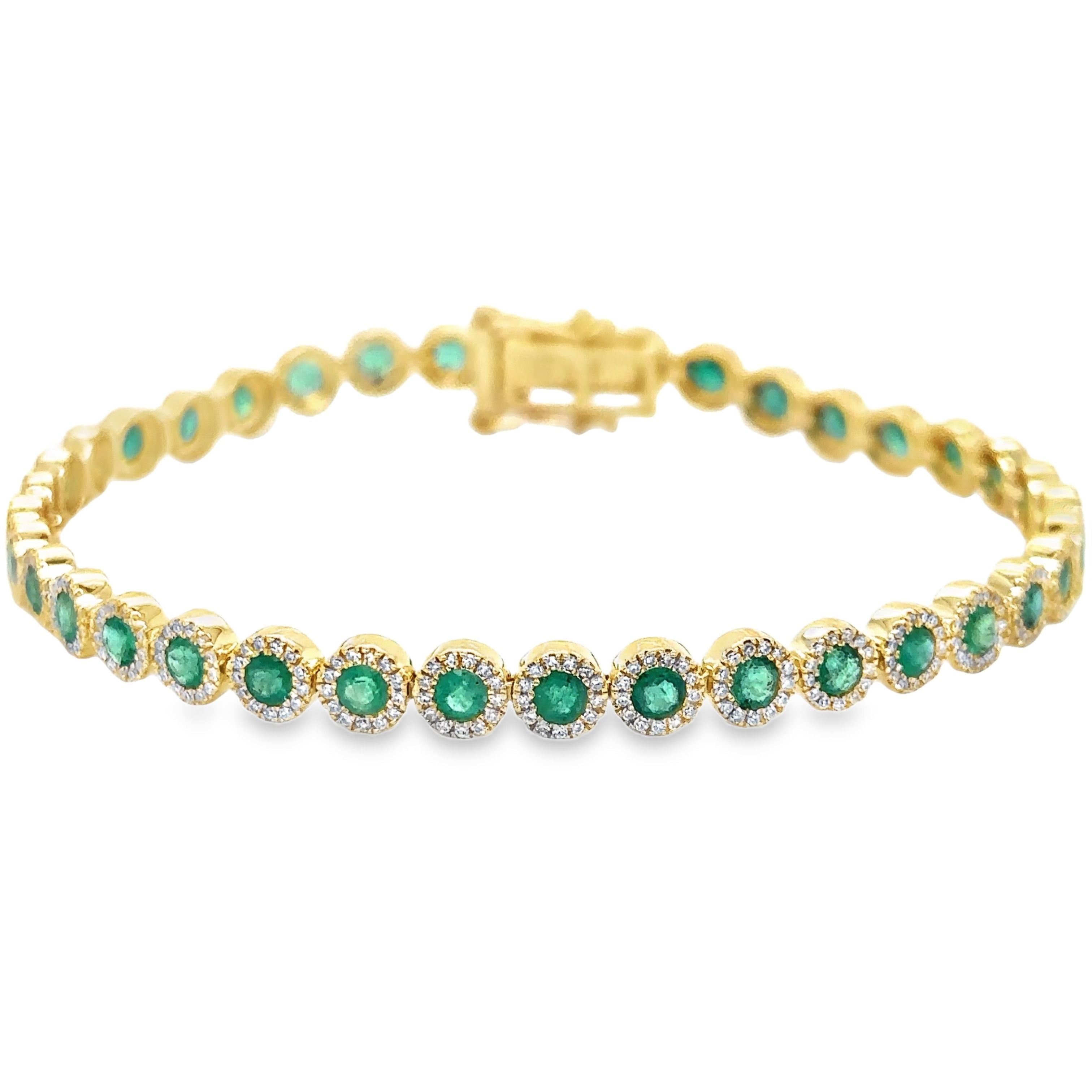 Pulsera De Tenis De Oro Amarillo De 14 Quilates Con Esmeraldas Y Diamantes 3.75 Ct.