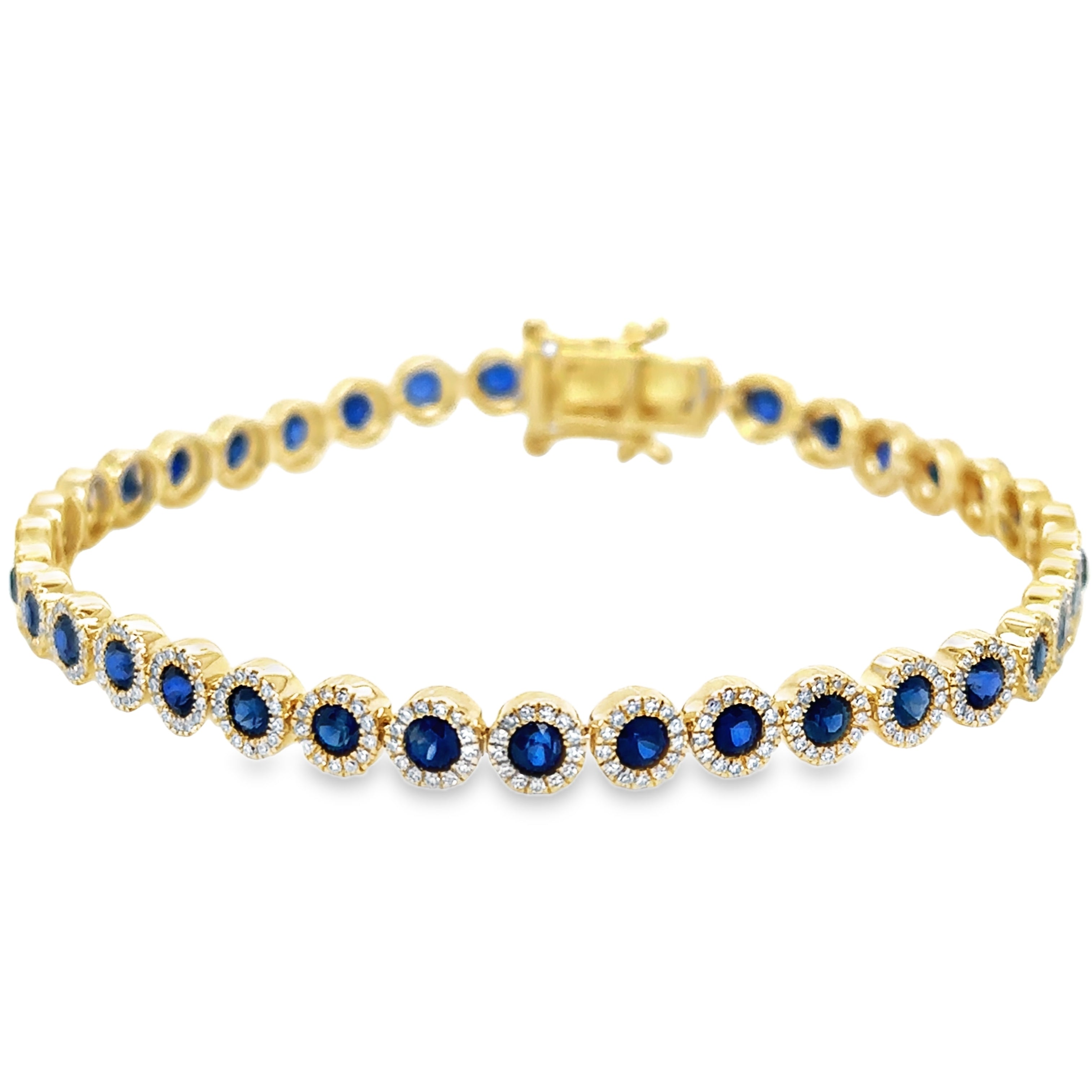 Pulsera De Tenis De Diamantes Y Zafiros De Oro Amarillo De 14 Kt 4.84 Ct.