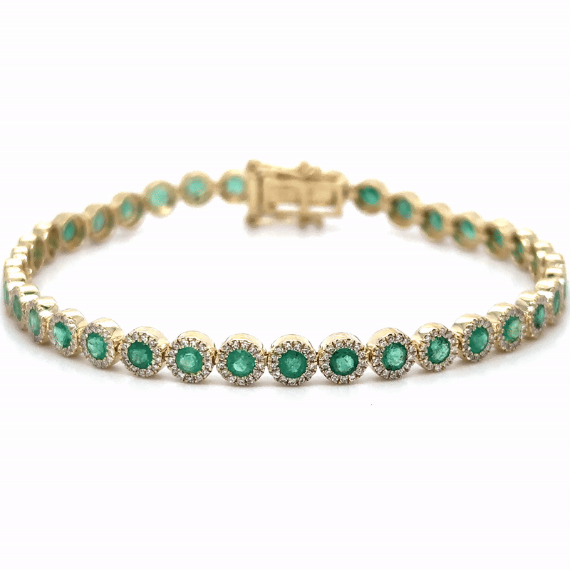 Pulsera De Tenis De Oro Amarillo De 14 Quilates Con Esmeraldas Y Diamantes 3.75 Ct.