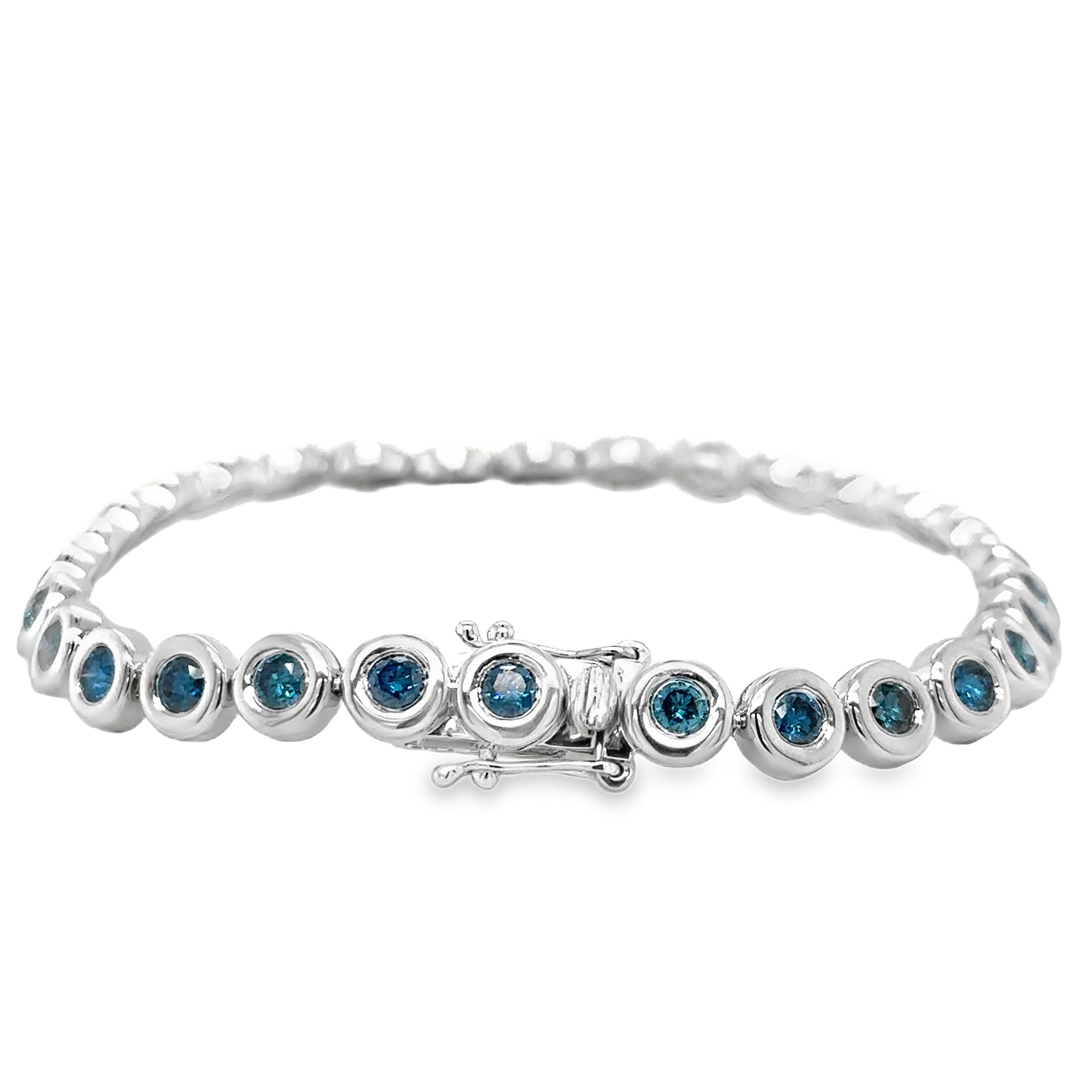 Pulsera De Tenis Con Bisel De Diamantes Azules De Oro Blanco De 14K 3.01 Ct.