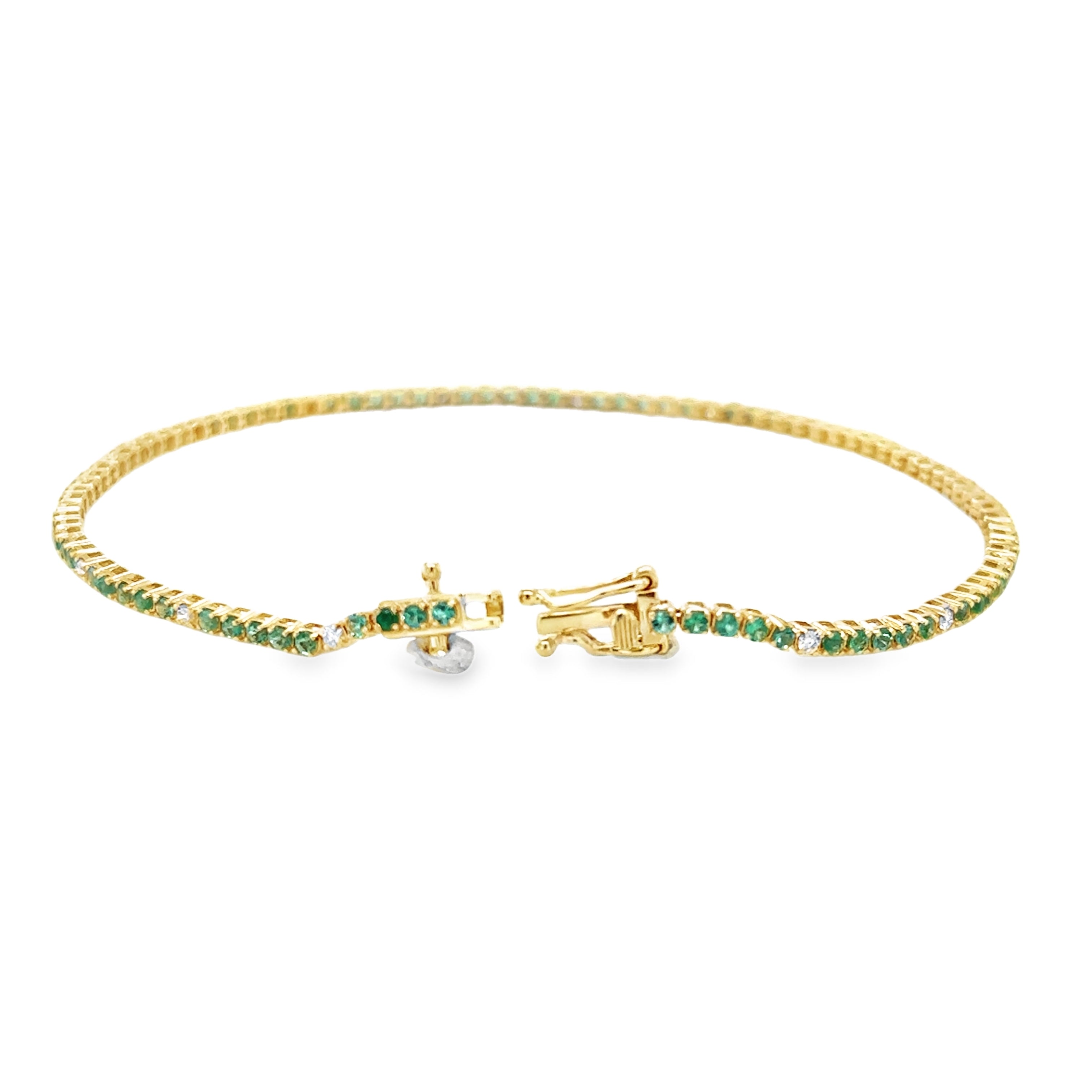Pulsera De Tenis De Oro Amarillo De 14 Quilates Con Esmeraldas Y Diamantes 1.22 Ct.