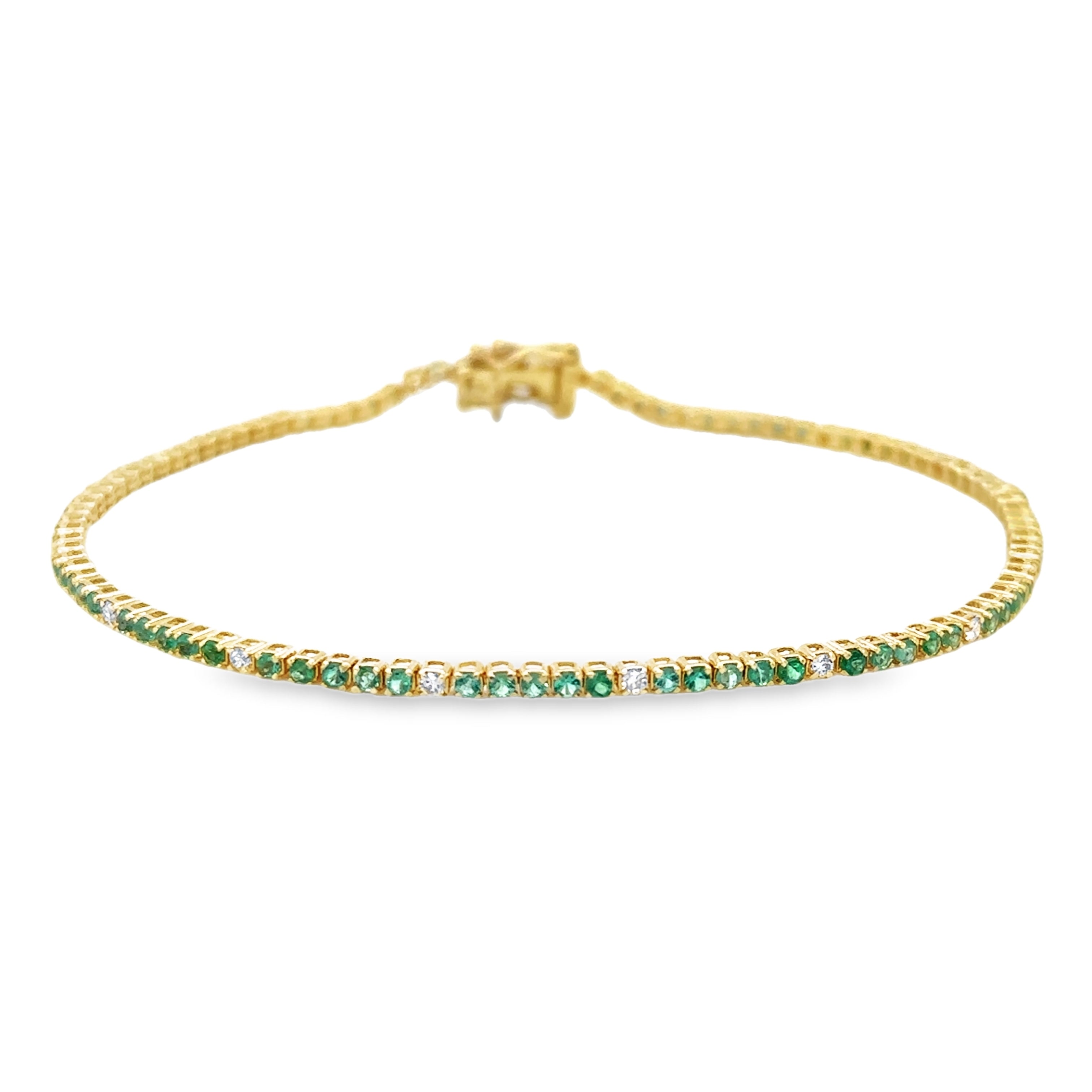 Pulsera De Tenis De Oro Amarillo De 14 Quilates Con Esmeraldas Y Diamantes 1.22 Ct.