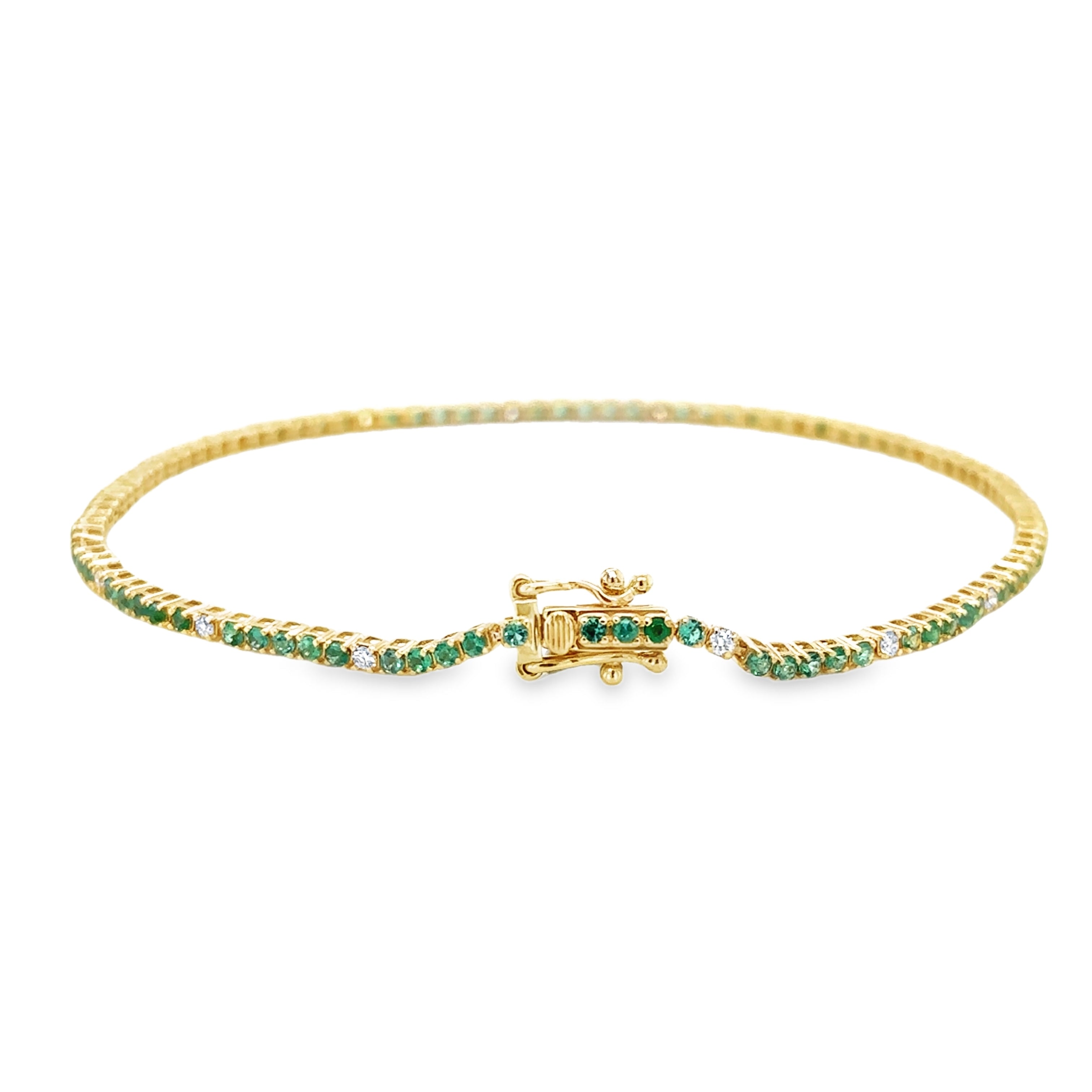 Pulsera De Tenis De Oro Amarillo De 14 Quilates Con Esmeraldas Y Diamantes 1.22 Ct.