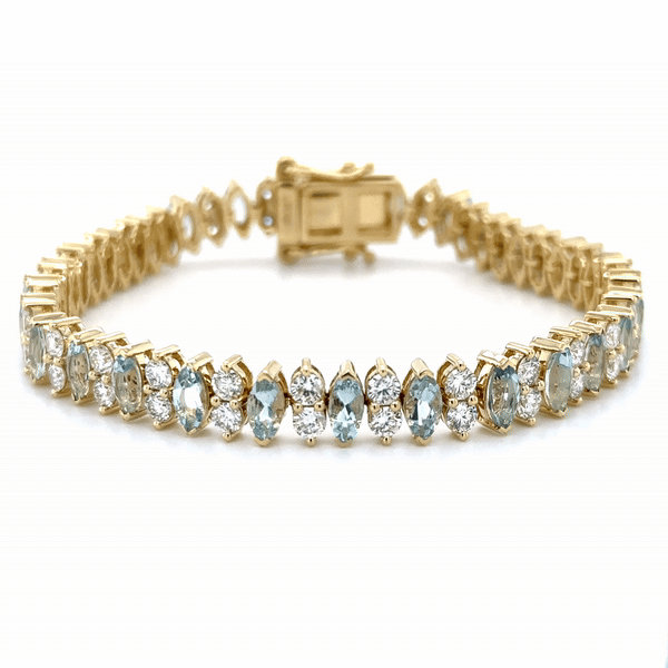 Pulsera De Tenis De Diamantes Y Aguamarina En Forma De Marquesa De Oro Amarillo De 14K 10.76 Ct.