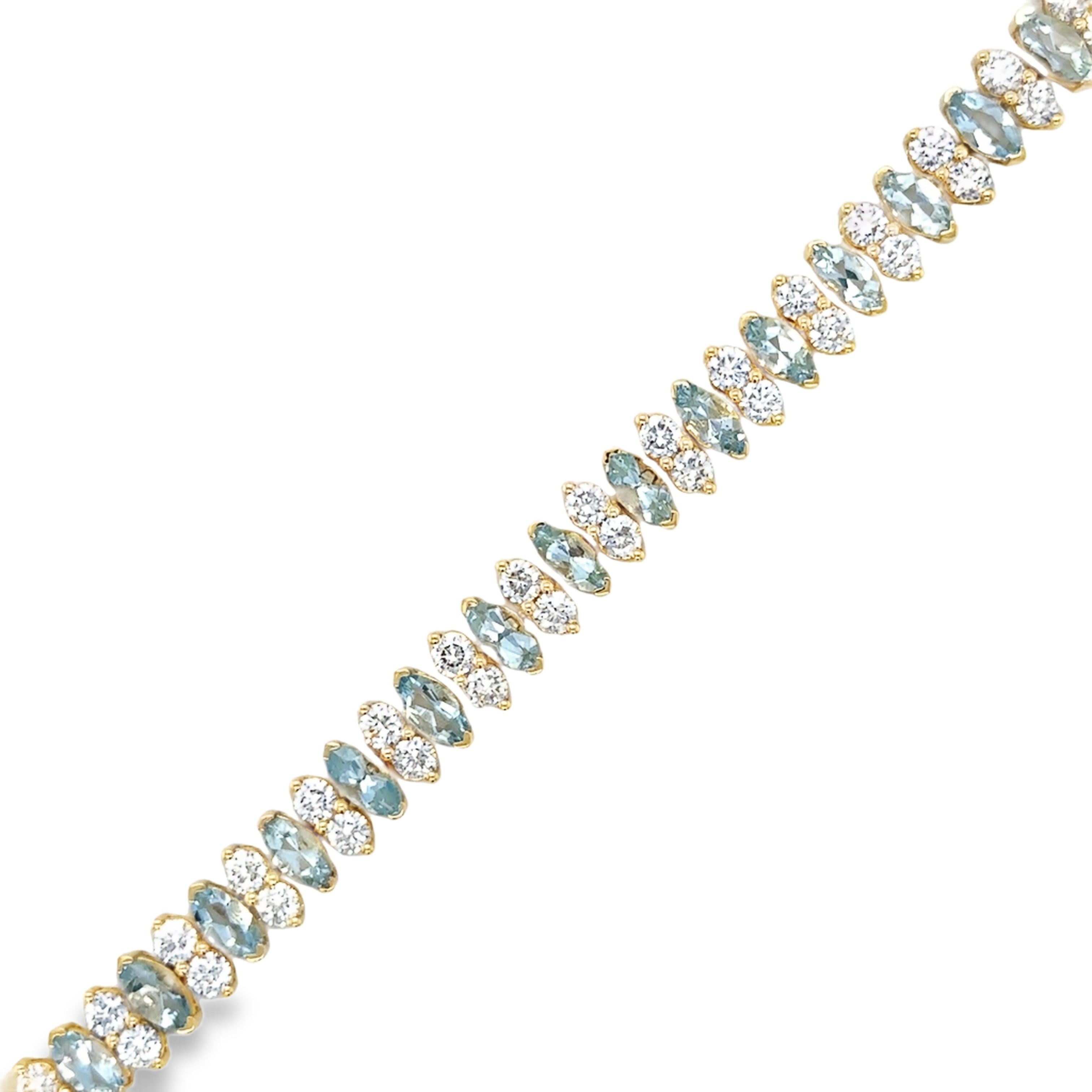 Pulsera De Tenis De Diamantes Y Aguamarina En Forma De Marquesa De Oro Amarillo De 14K 10.76 Ct.
