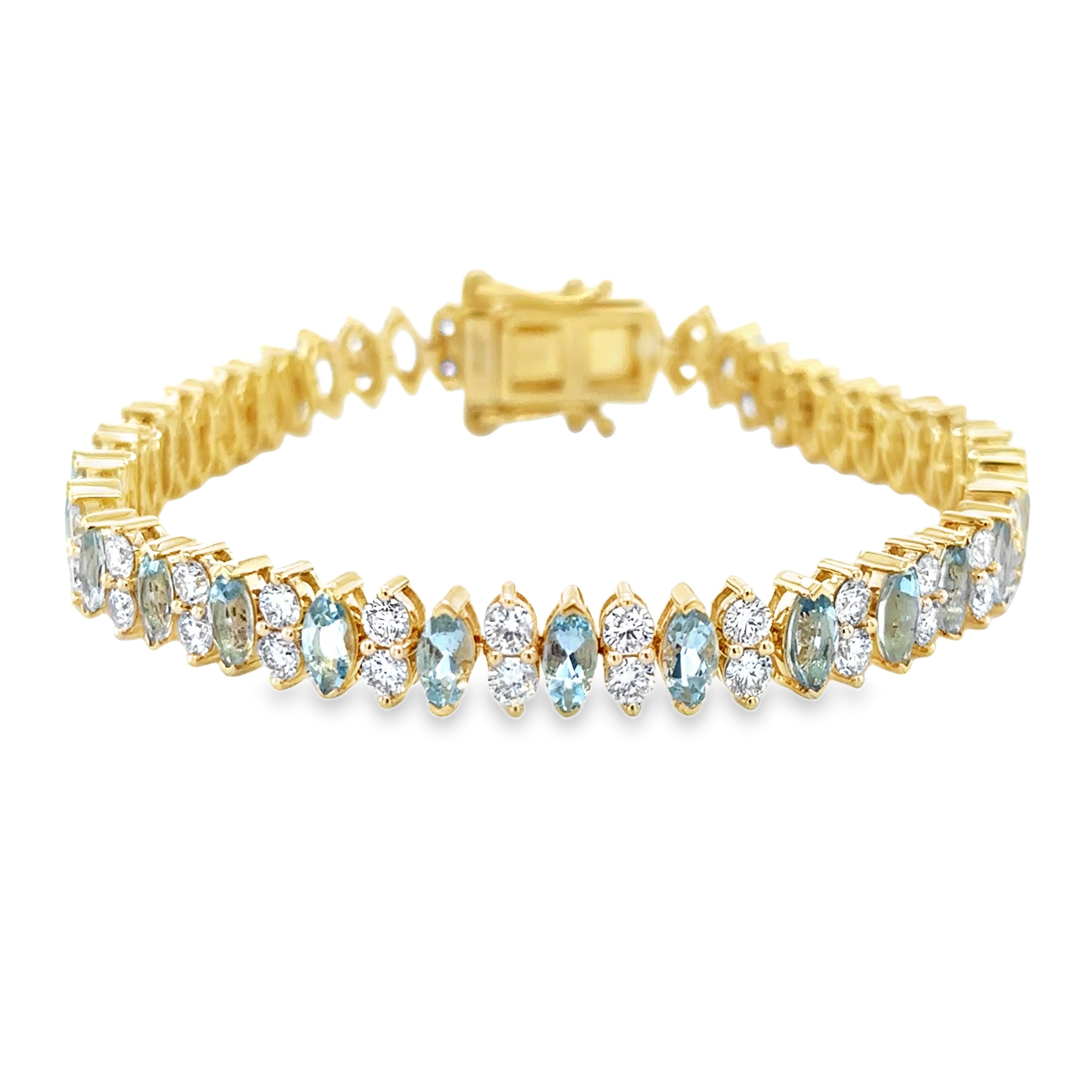 Pulsera De Tenis De Diamantes Y Aguamarina En Forma De Marquesa De Oro Amarillo De 14K 10.76 Ct.