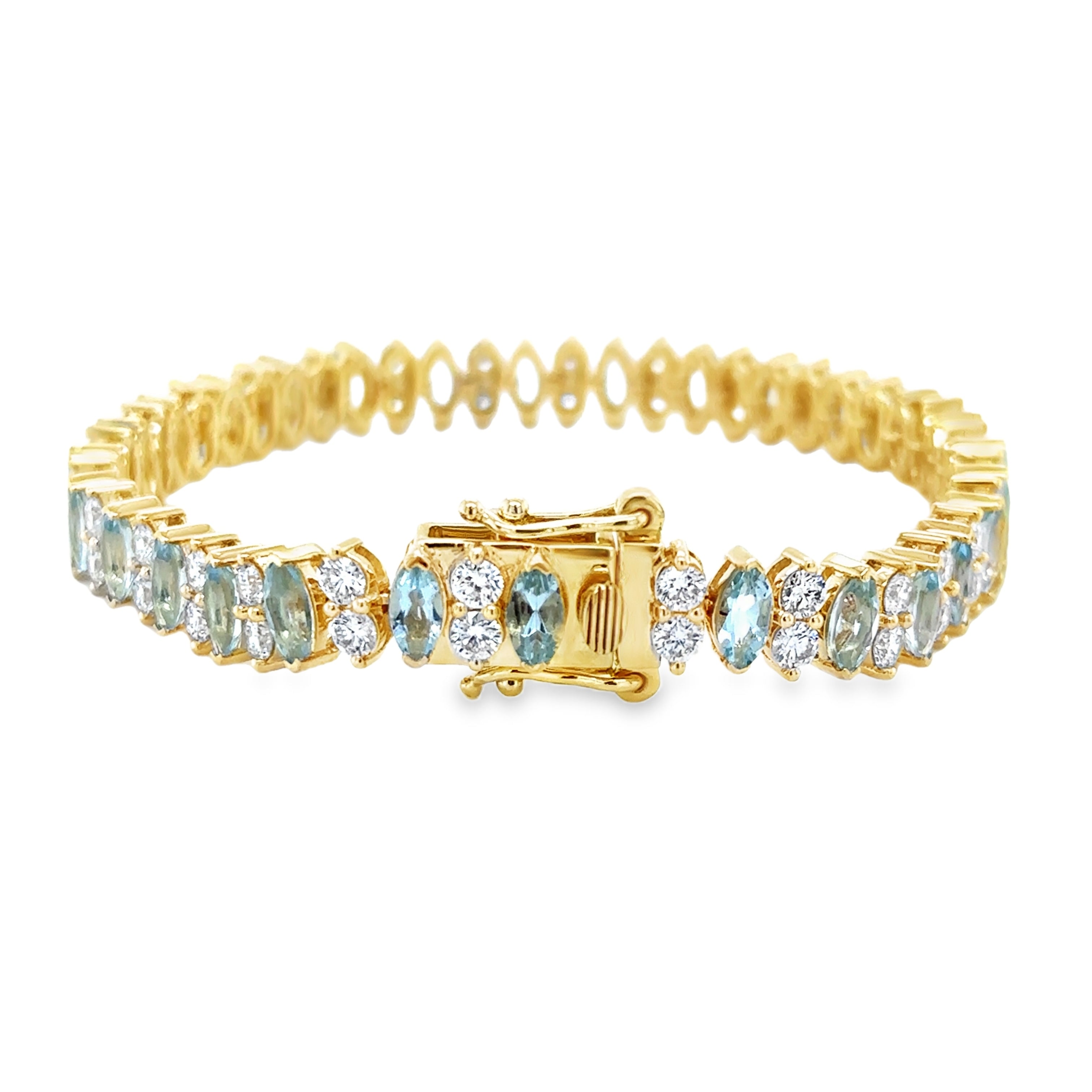 Pulsera De Tenis De Diamantes Y Aguamarina En Forma De Marquesa De Oro Amarillo De 14K 10.76 Ct.