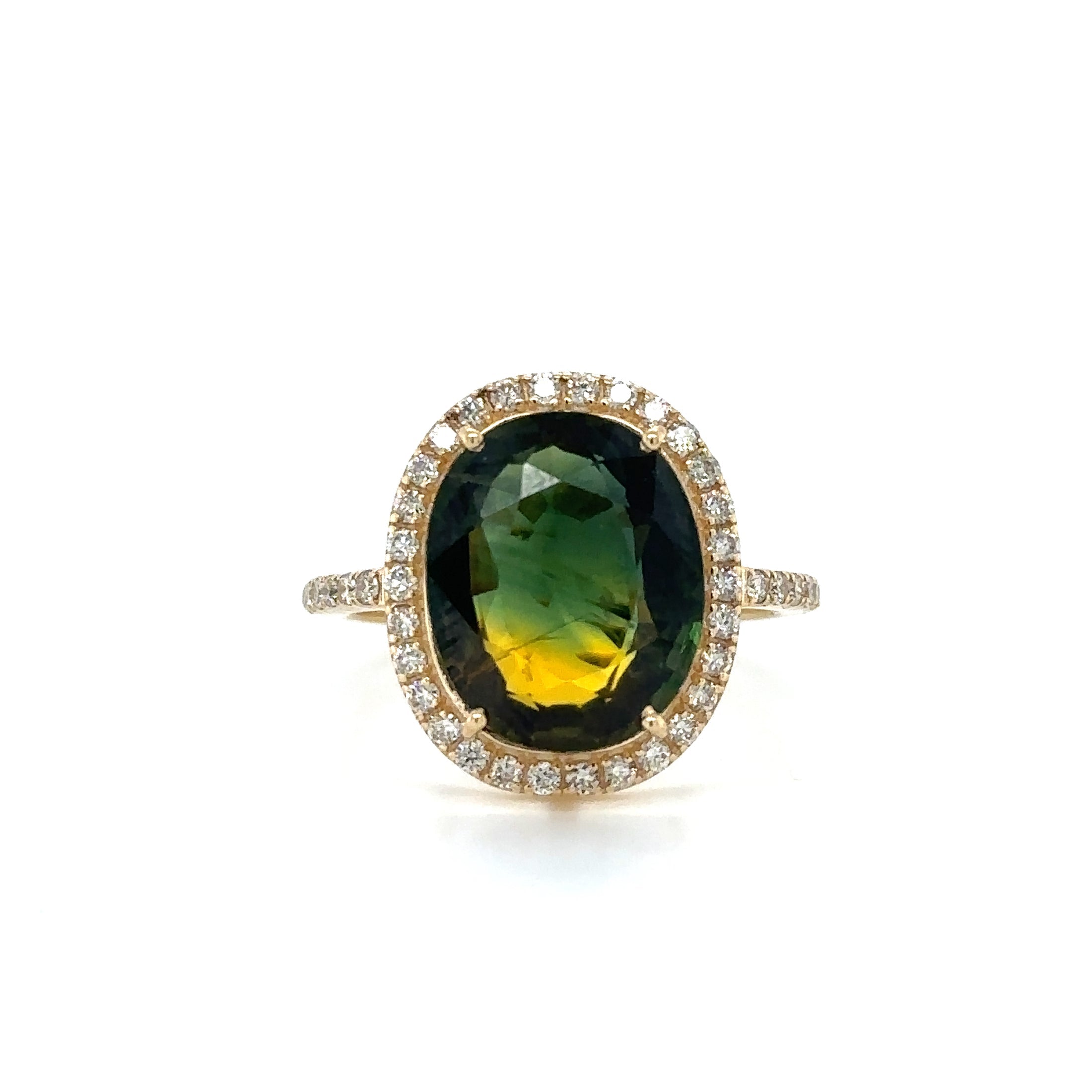 Anillo De Zafiro Inclinado En Oro Amarillo De 14 K Con Diamantes 7.42 TCW.
