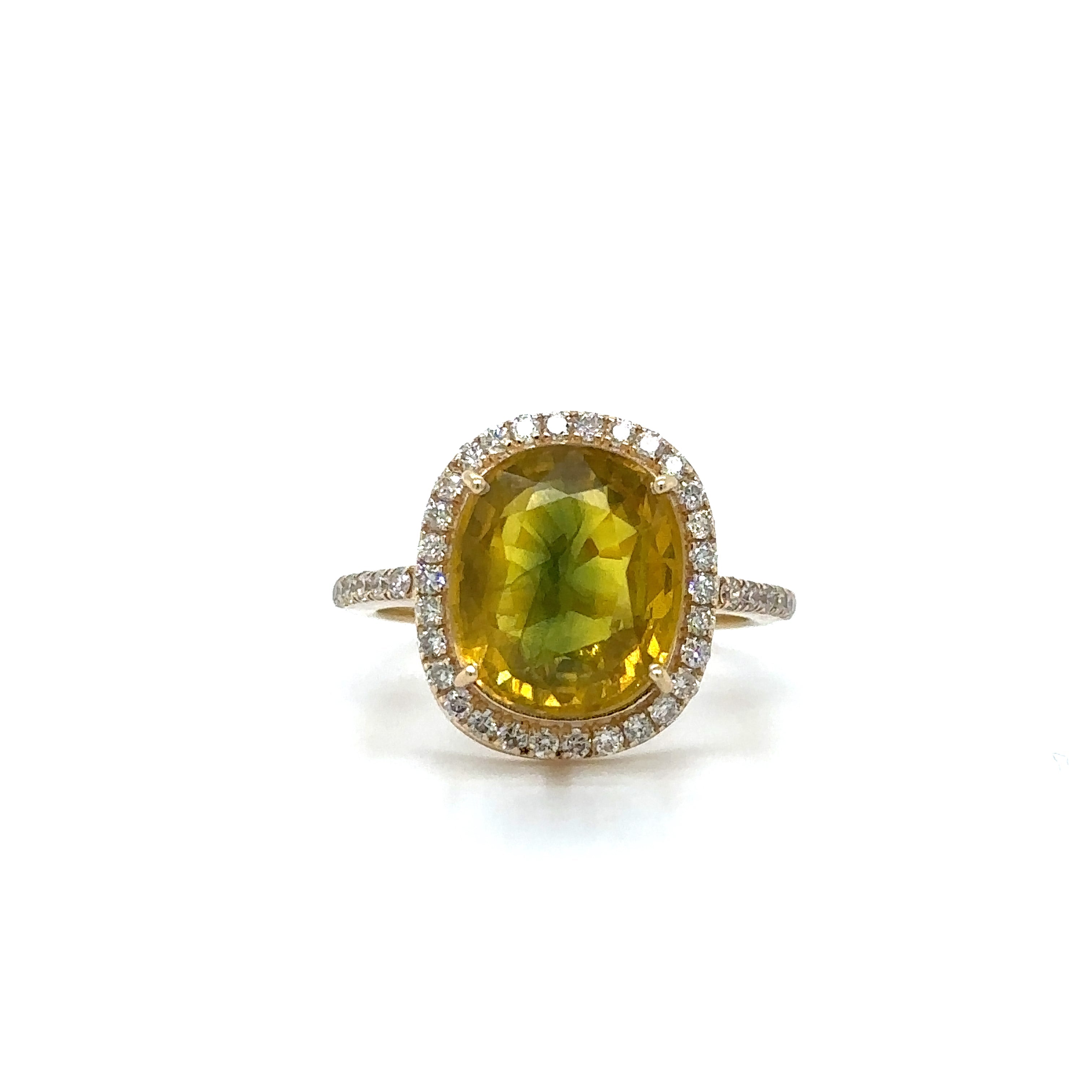 Anillo De Zafiro Inclinado De Oro Amarillo Con Diamantes 10.75 Ct.
