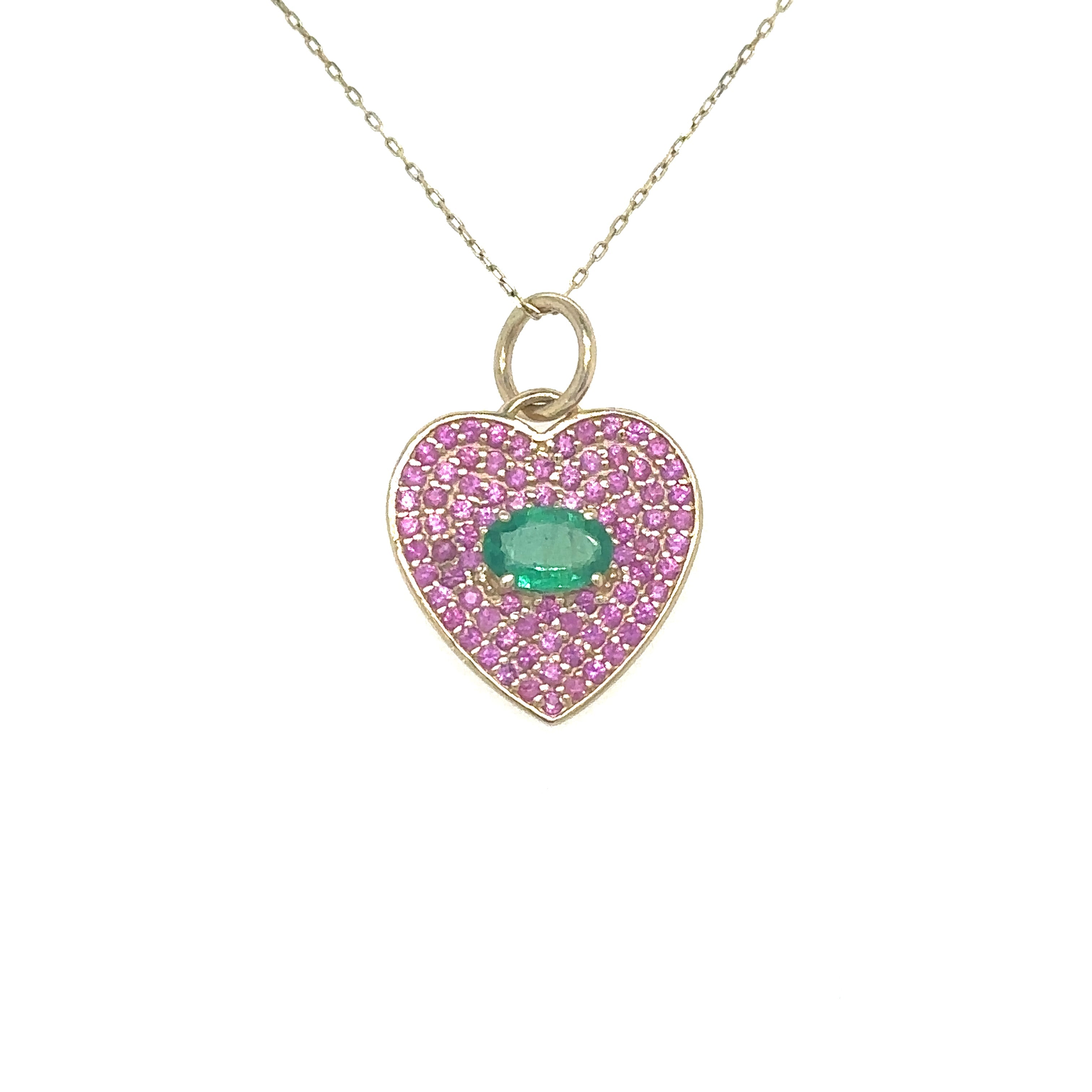 Colgante Corazón De Oro Amarillo De 14 Quilates Con Esmeralda Y Zafiro Rosa 1 Ct.