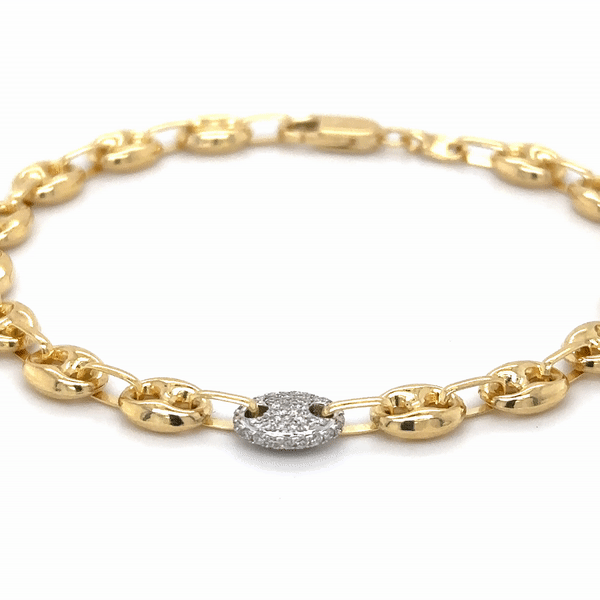 Pulsera Mariner Hueca De Oro Amarillo De 14Kt Con Eslabones De Diamantes 0.28 Ct.