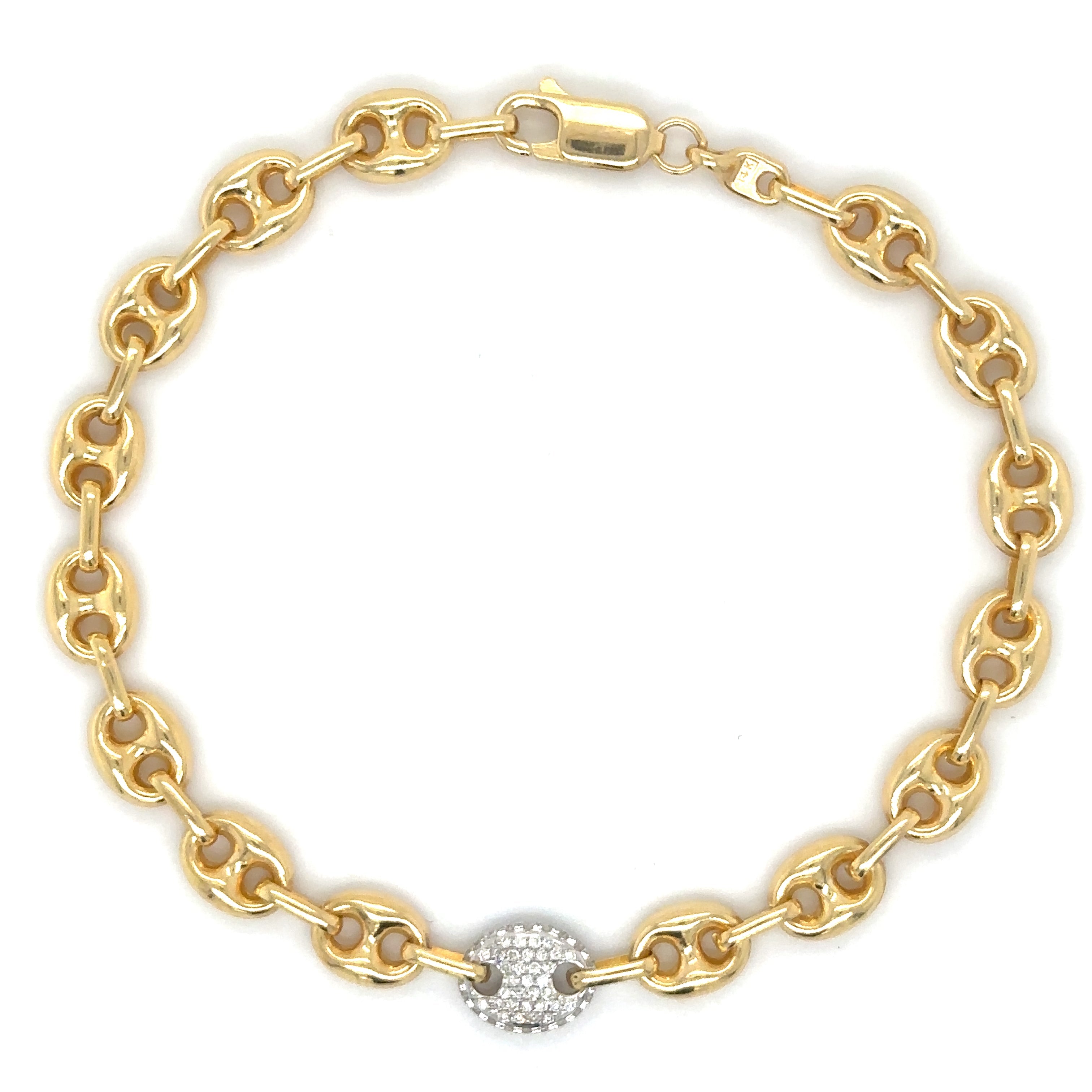 Pulsera Mariner Hueca De Oro Amarillo De 14Kt Con Eslabones De Diamantes 0.28 Ct.