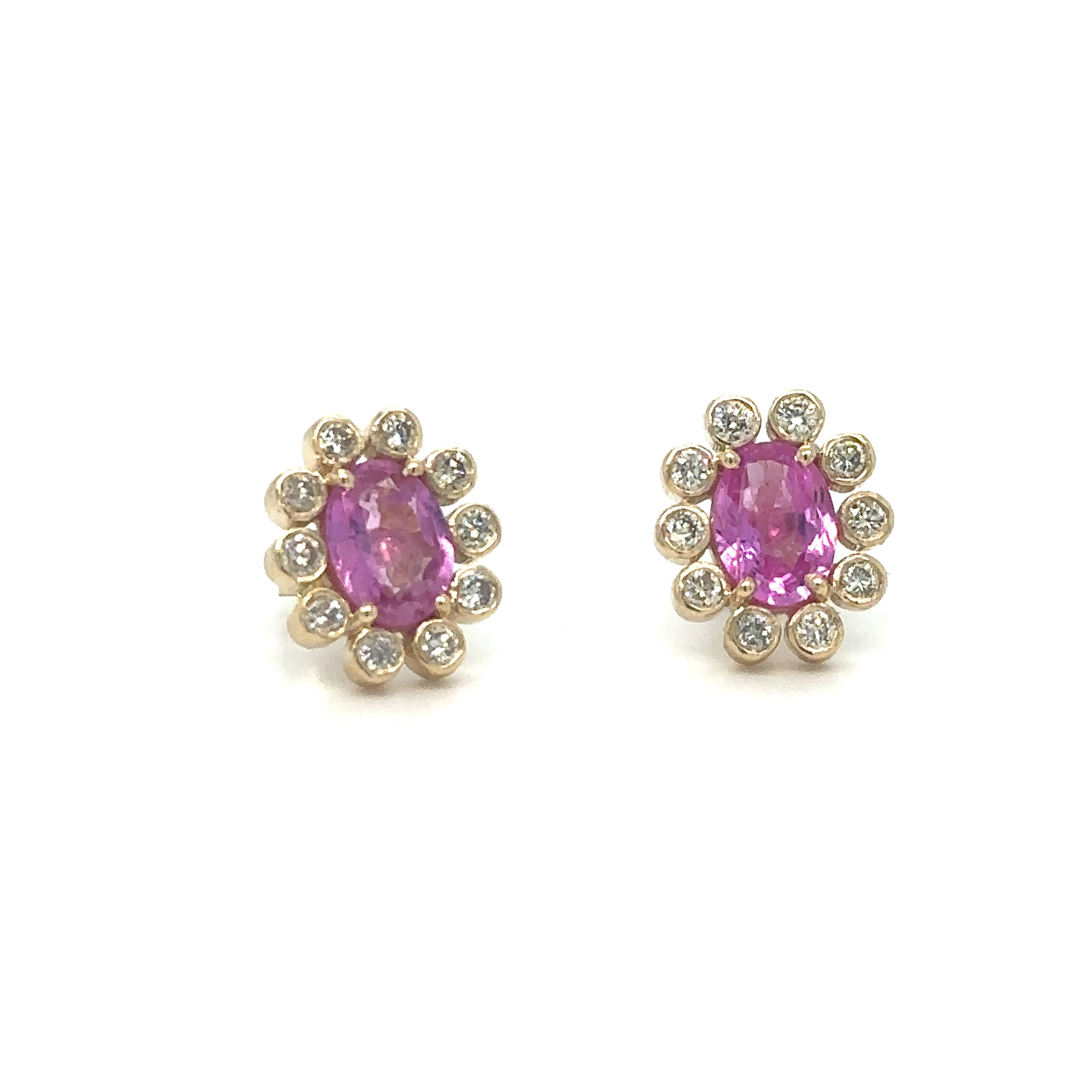 Pendiente Flor De Oro Amarillo De 14Kt Con Zafiro Rosa Y Diamantes 2.01 Ct.