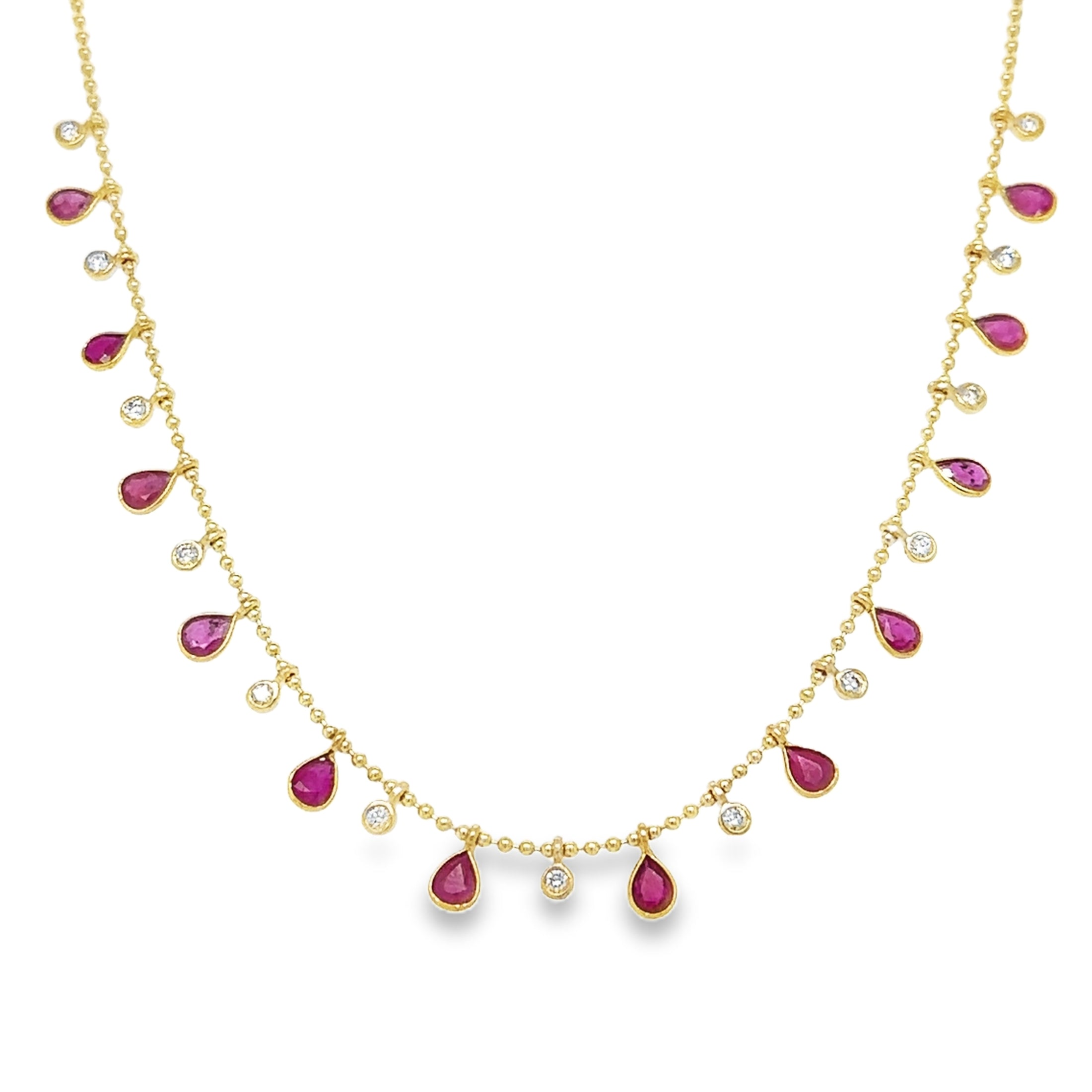 Collar Colgante De Diamantes Y Rubíes En Forma De Pera De Oro Amarillo De 14Kt, 3.76 CT