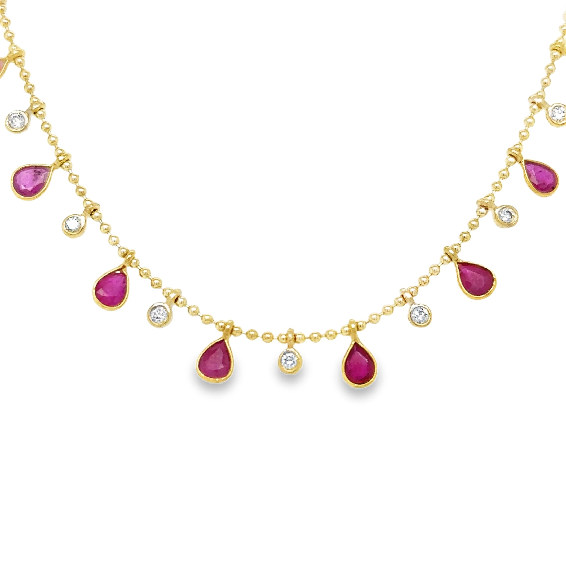 Collar Colgante De Diamantes Y Rubíes En Forma De Pera De Oro Amarillo De 14Kt, 3.76 CT