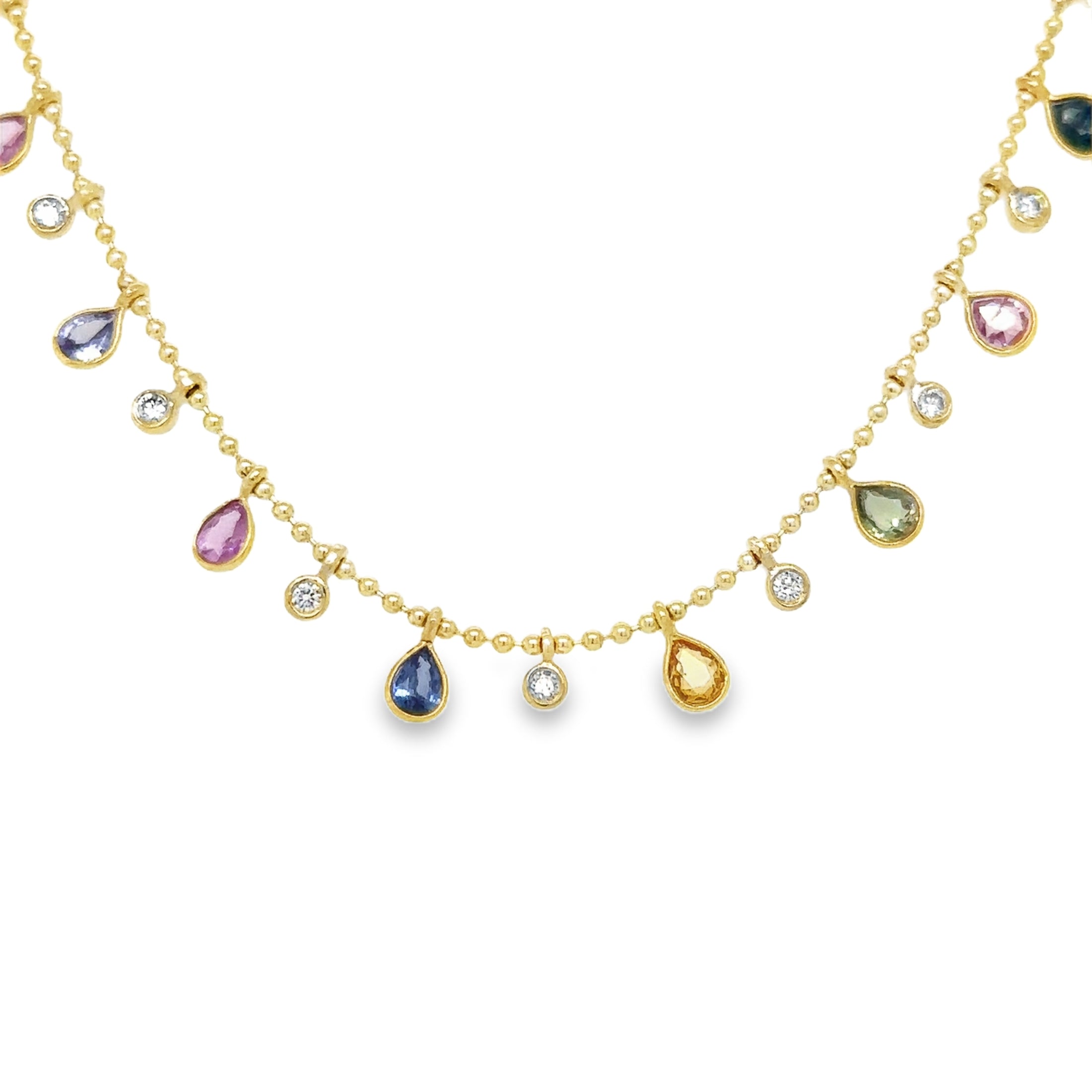 Collar Colgante De Diamantes Y Zafiros Múltiples En Forma De Pera De Oro Amarillo De 14 Kt, 3.76 CT