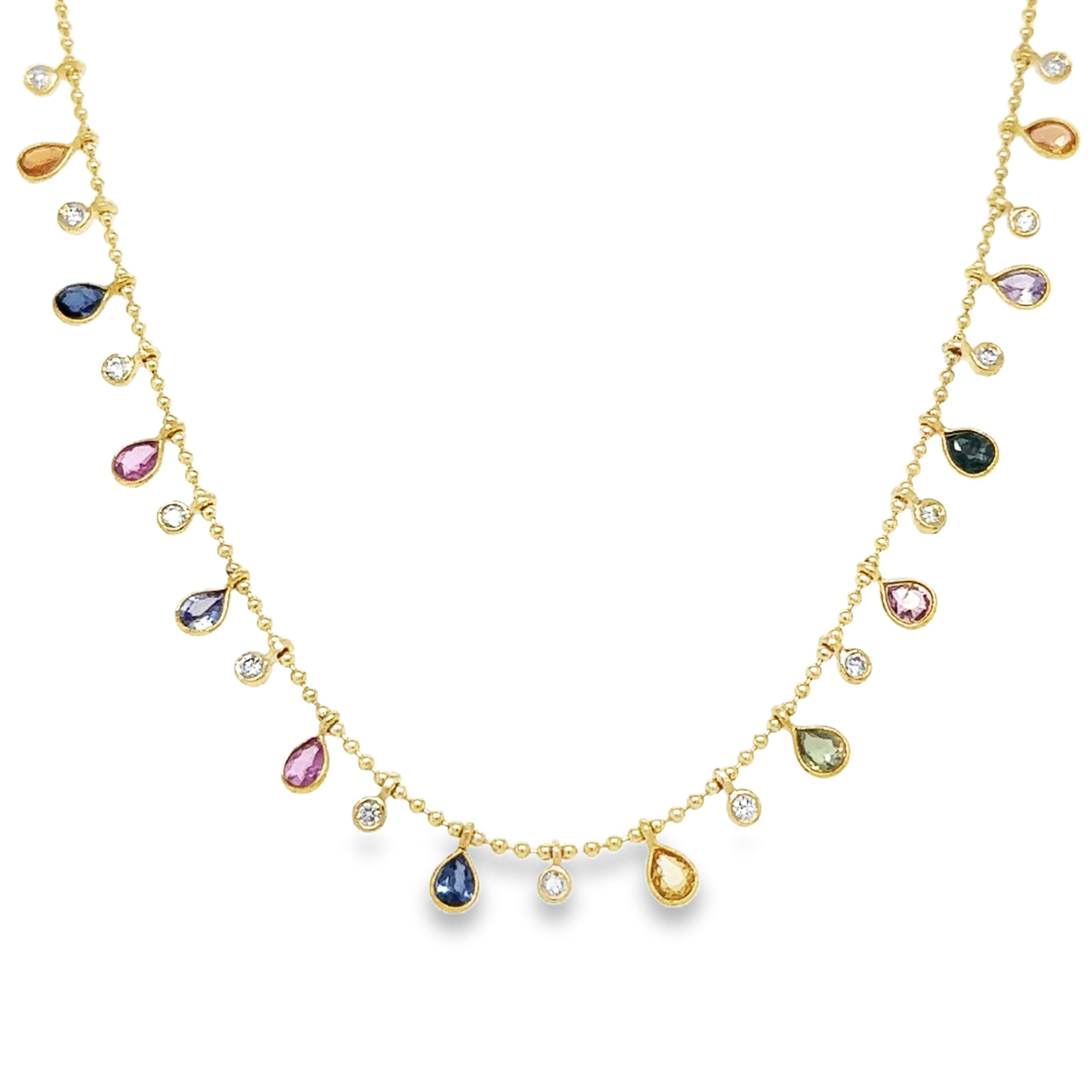 Collar Colgante De Diamantes Y Zafiros Múltiples En Forma De Pera De Oro Amarillo De 14 Kt, 3.76 CT