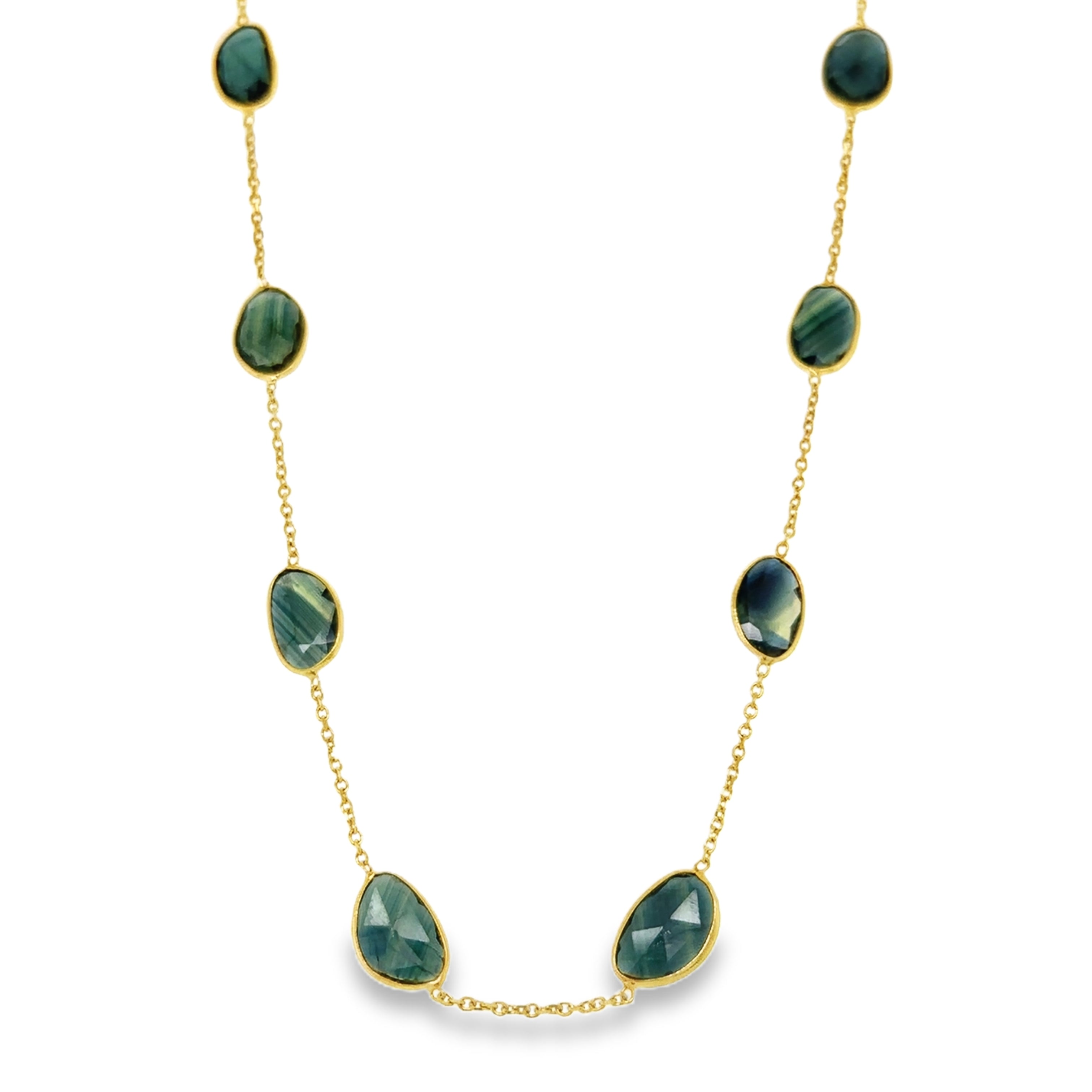 Collar De Estación De Zafiro Verde De Oro Amarillo De 18 Kt 10.65 Ct.