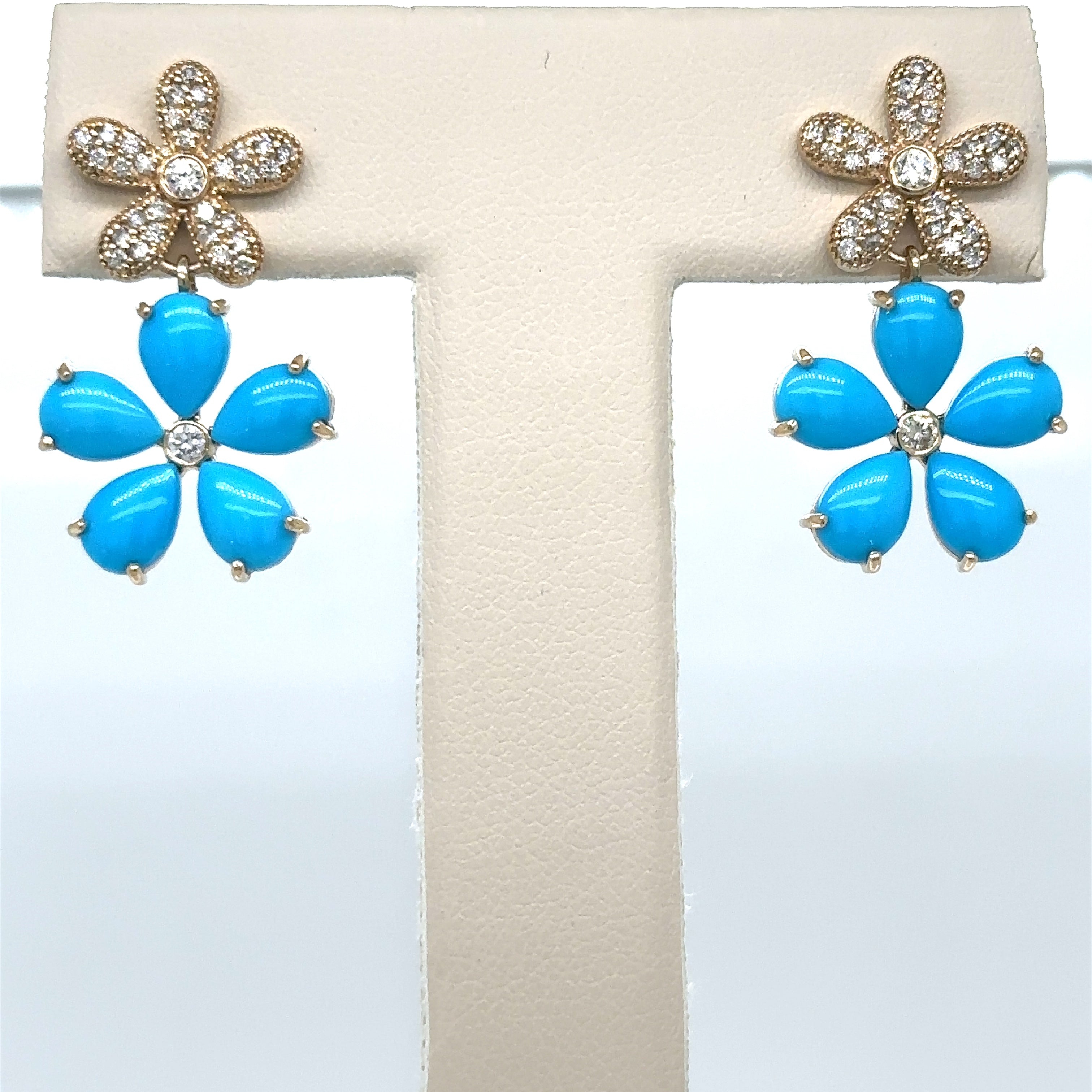 Pendiente Flor De Oro Amarillo De 14 Quilates Con Turquesa Y Diamantes 6.55 Ct.