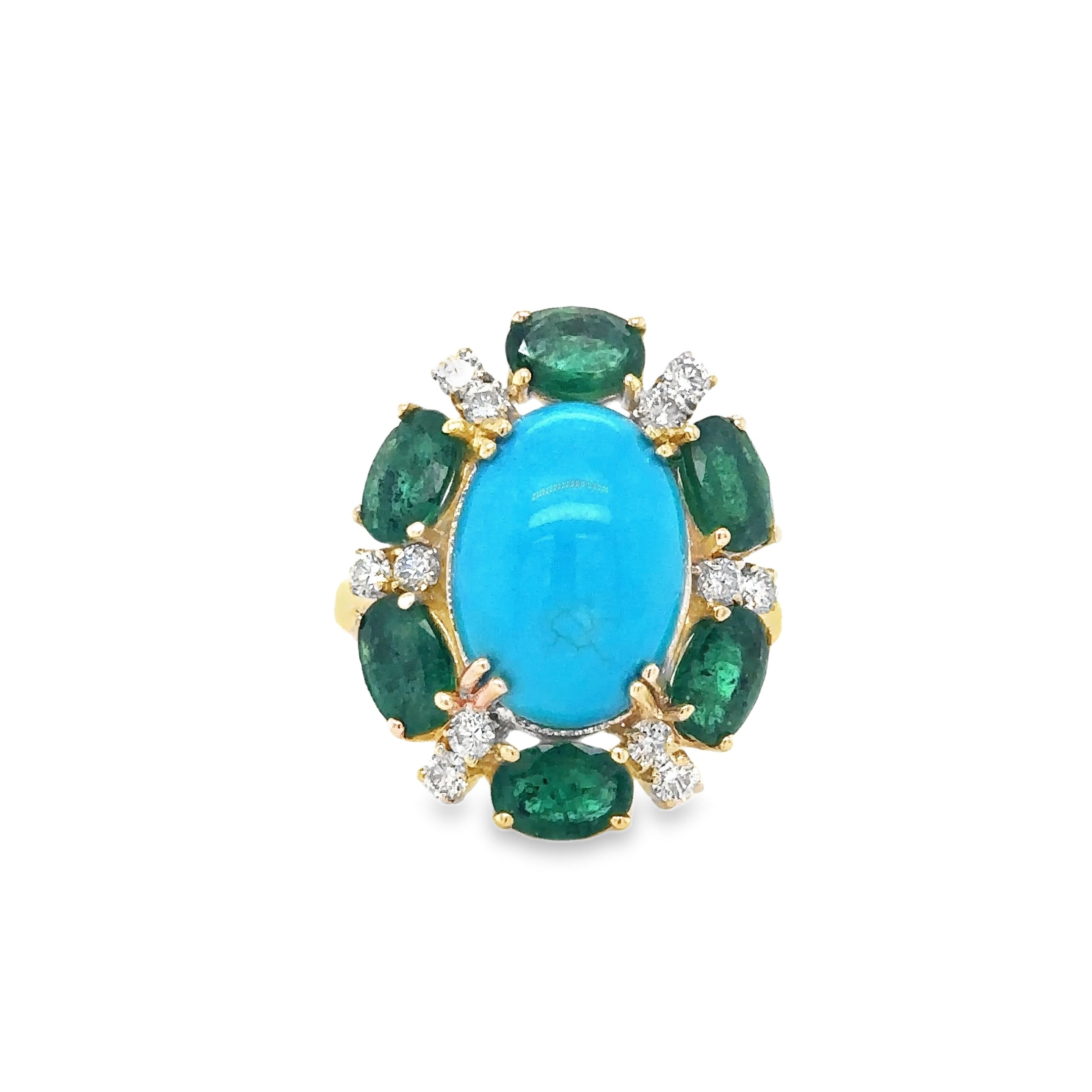 Anillo De Oro Amarillo De 14 K Con Esmeraldas, Turquesas Y Diamantes