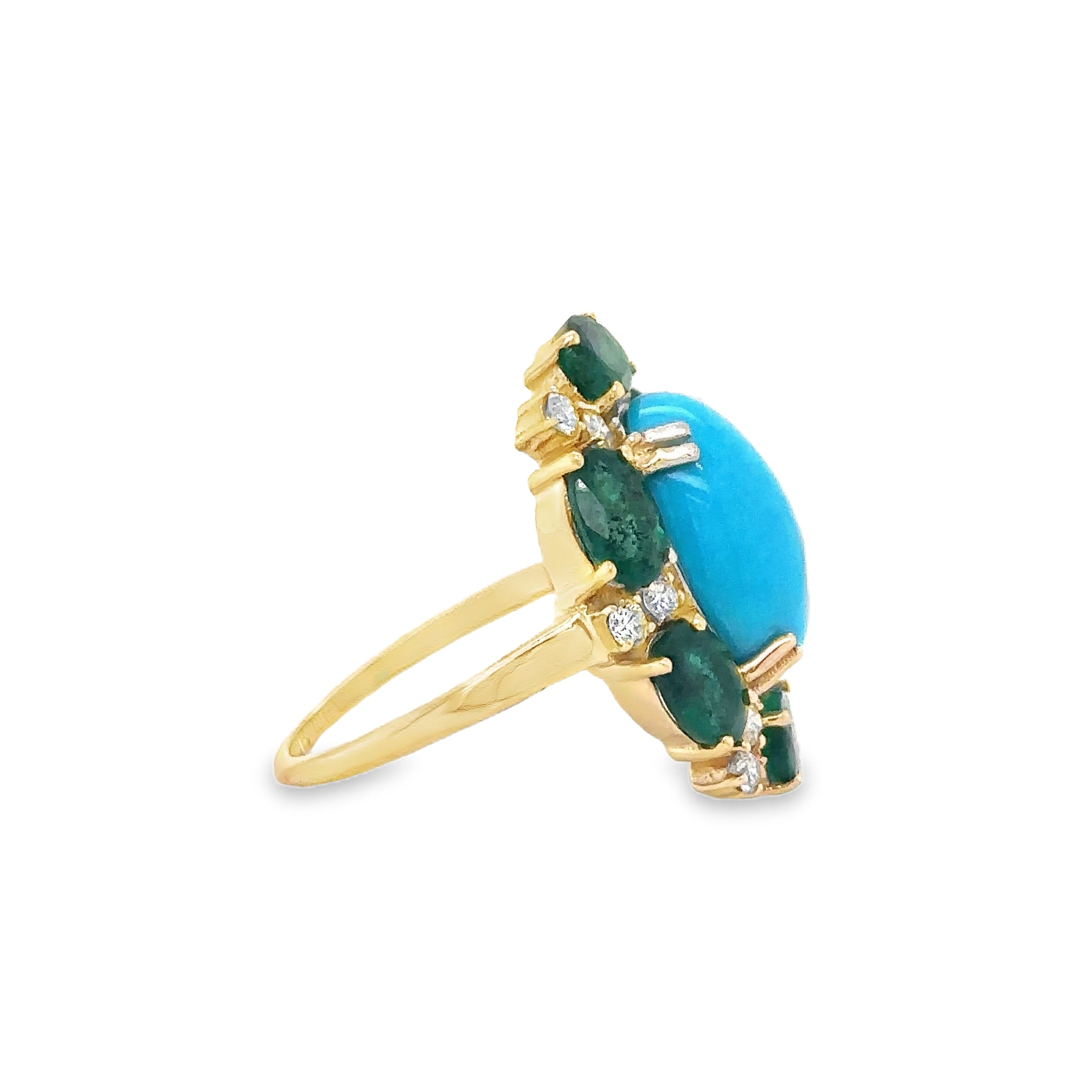 Anillo De Oro Amarillo De 14 K Con Esmeraldas, Turquesas Y Diamantes
