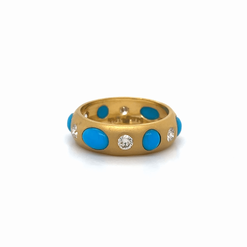Anillo De Oro Amarillo De 14 Quilates Con Acabado Mate Turquesa Y Diamantes 2.59 Ct.