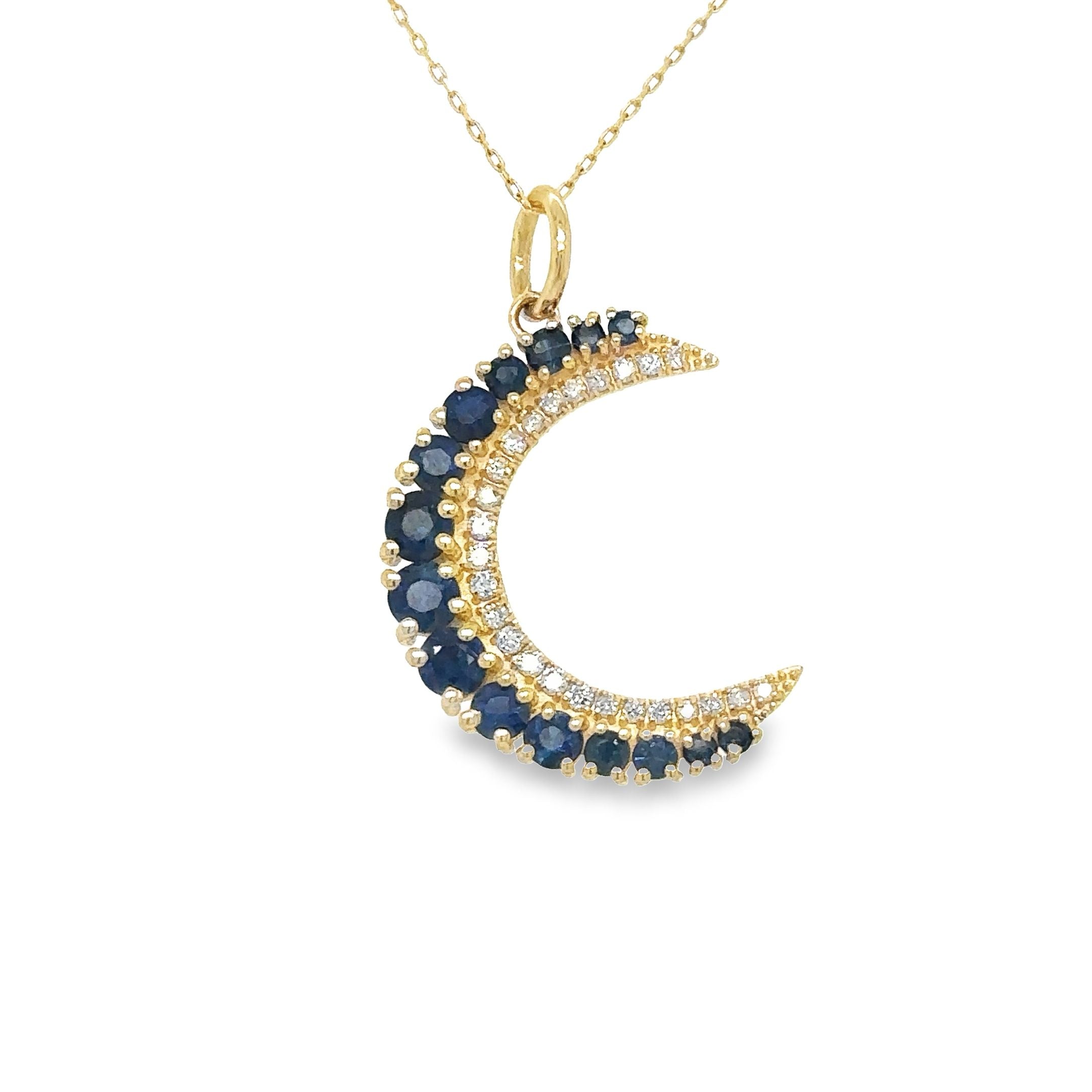 Colgante Media Luna De Oro Amarillo De 14 Quilates Con Zafiro Y Diamantes 1.15 Ct.