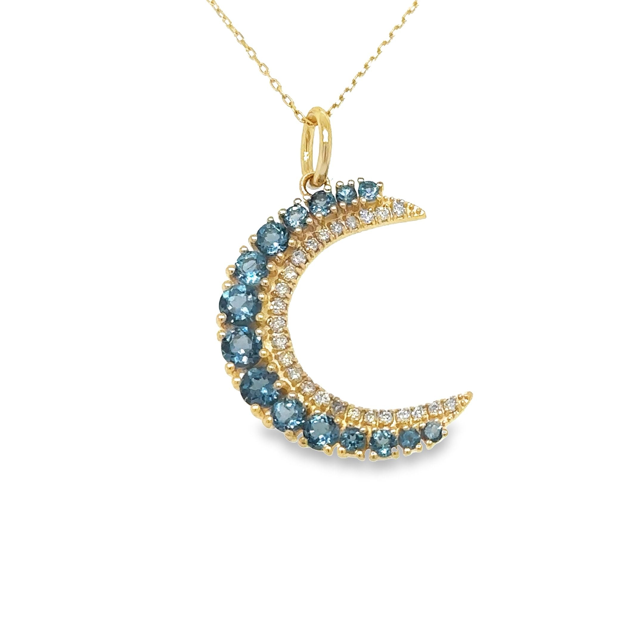 Colgante Media Luna De Oro Amarillo De 14 Quilates Con Topacio Y Diamantes 1.05 Ct.