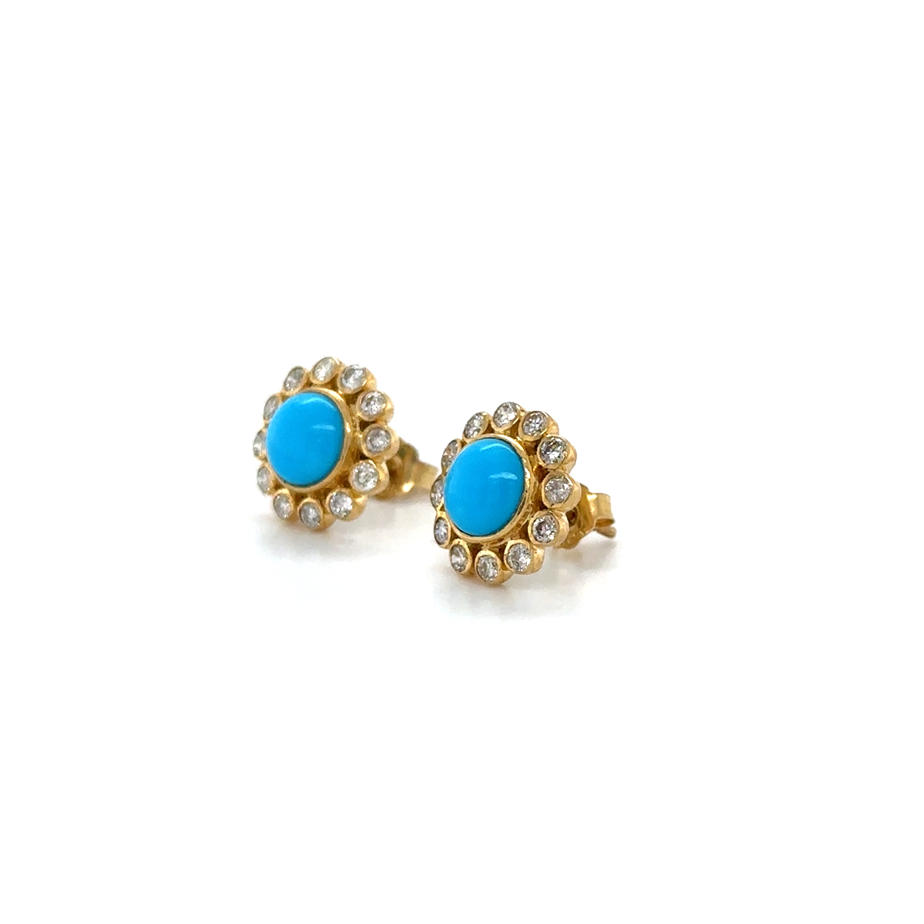 Pendientes Roung De Oro Amarillo De 18 K En Turquesa Y Diamantes 11 Mm 