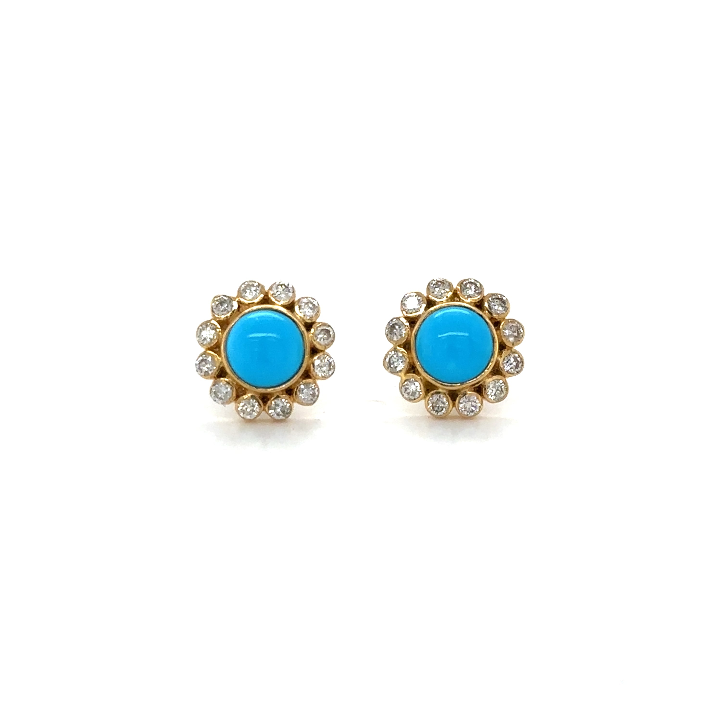 Pendientes Roung De Oro Amarillo De 18 K En Turquesa Y Diamantes 11 Mm 