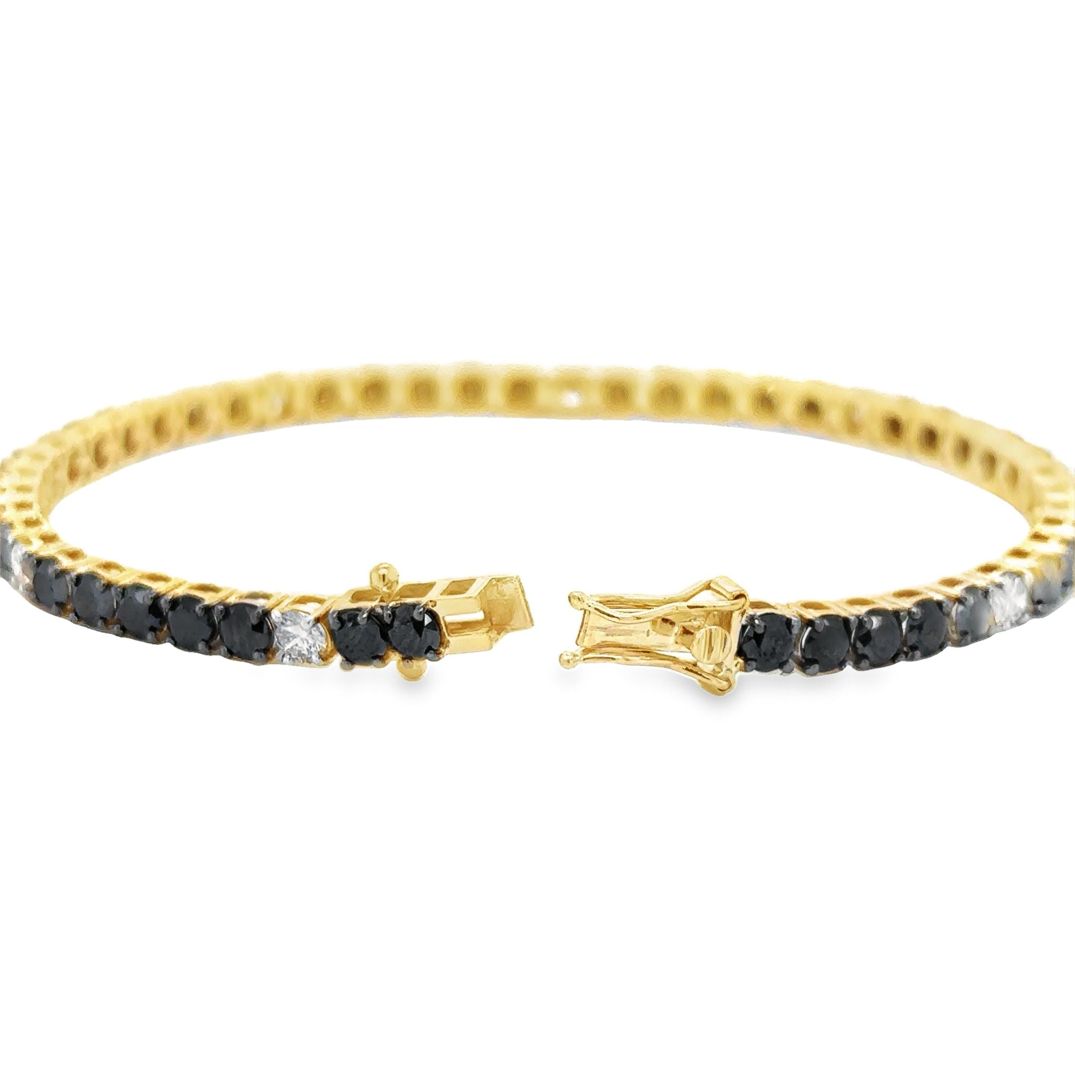 Pulsera De Tenis De Diamantes Blancos Y Negros En Oro Amarillo De 14K 5.36 Ct.