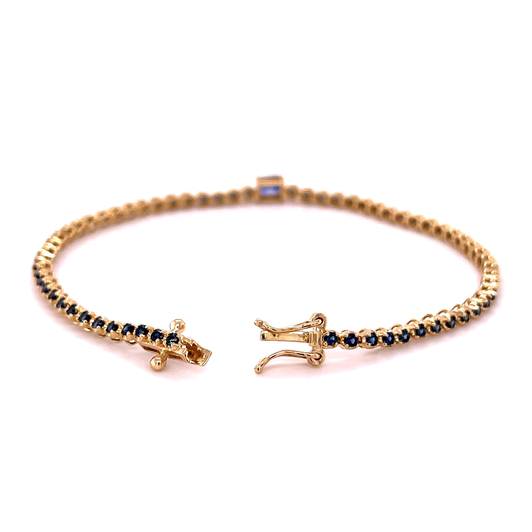 Emerald Cut &amp; Round Blue Sapphire Center Tennis Bracelet In 14K Yellow Gold, 2.55CT