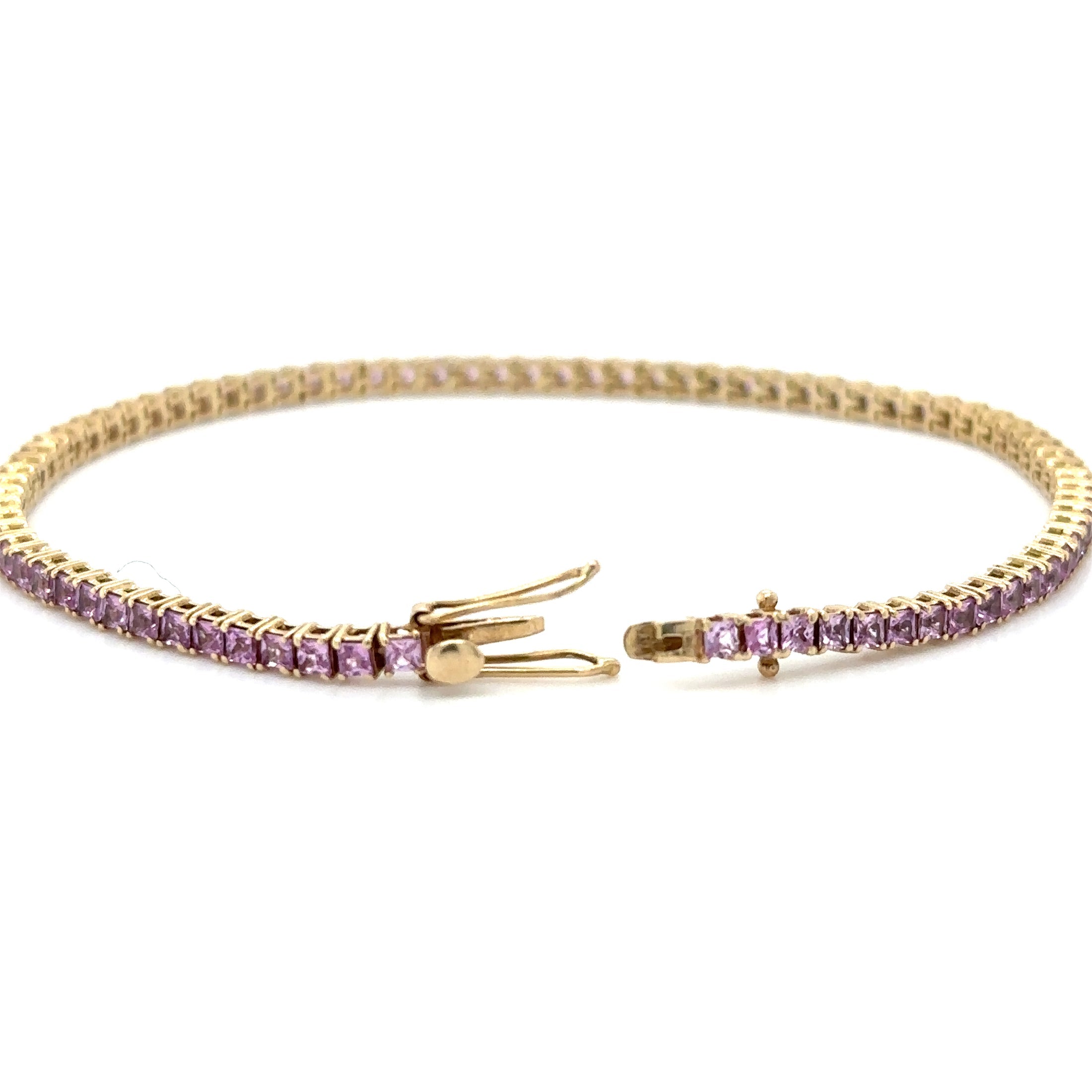 14K Yellow Gold Princess Cut Pink Sapphire Bracelet 7", 3.60CT