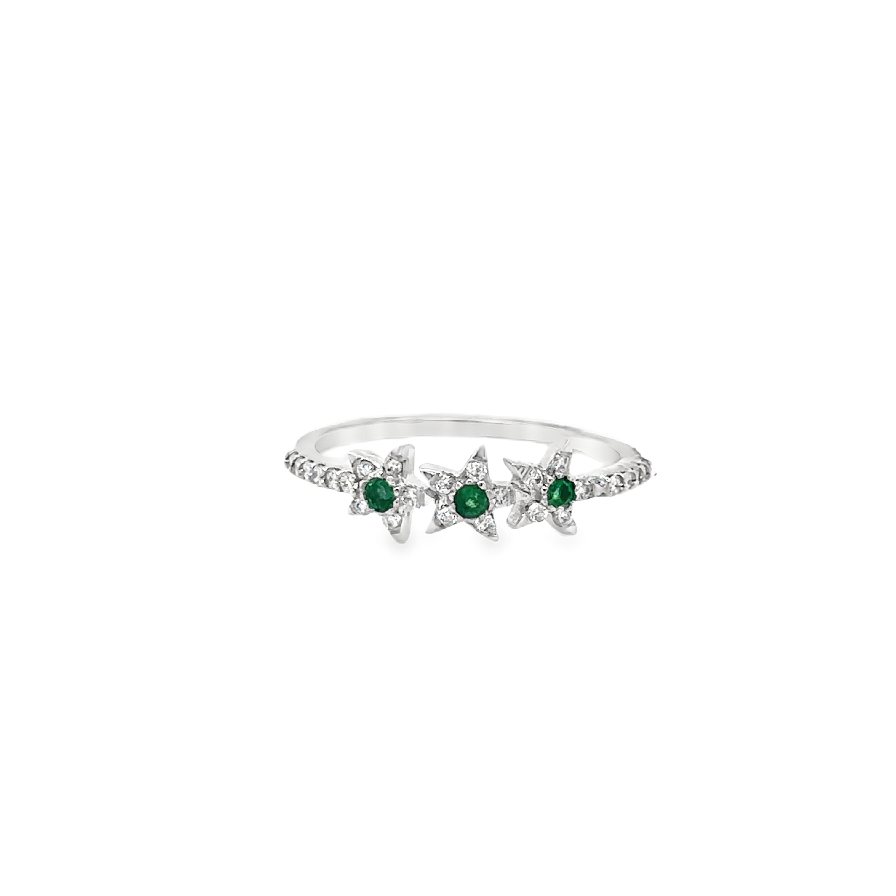 Anillo De Oro Blanco De 14K Con Esmeraldas Y Diamantes 0.23 Ct.