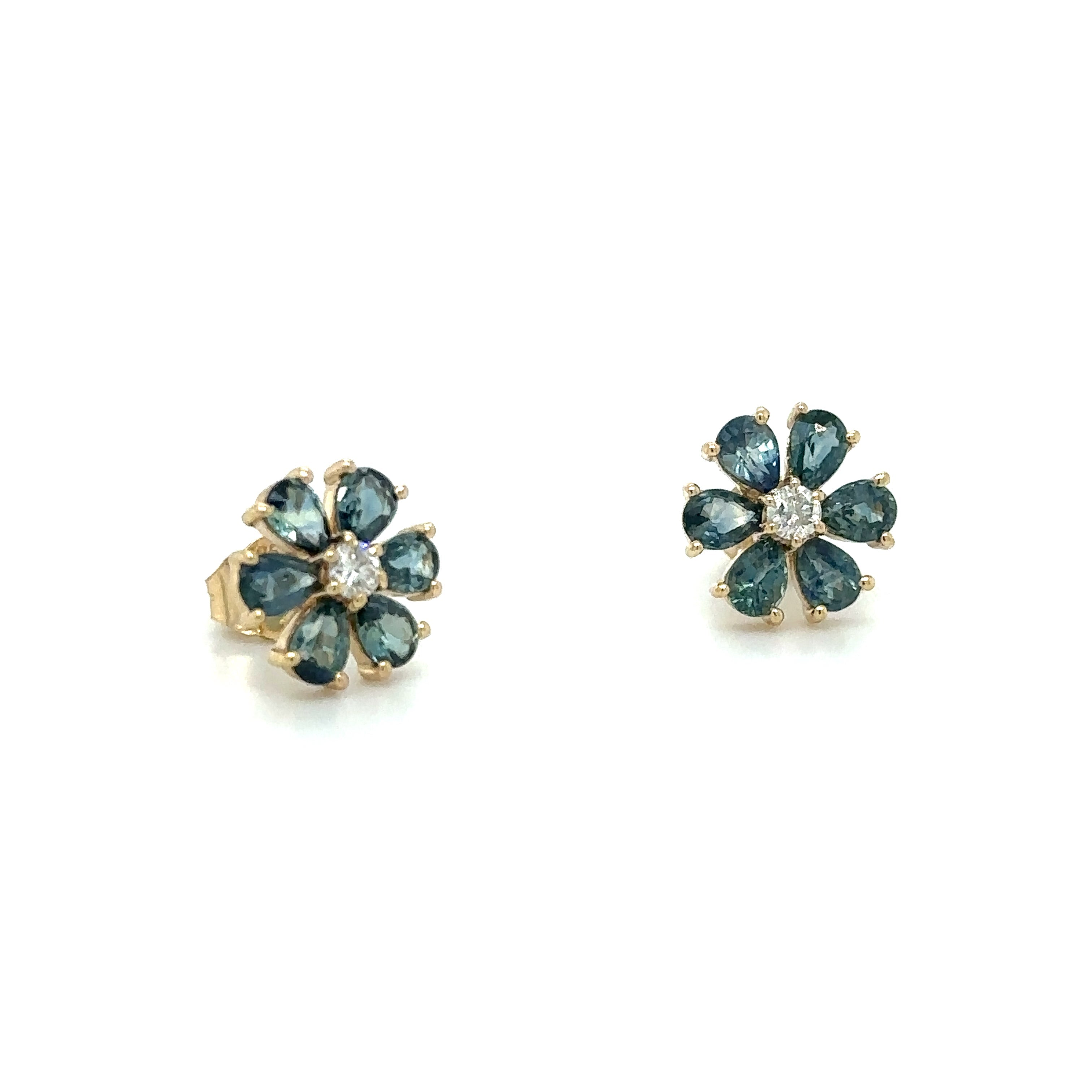 Pendiente De Flor De Oro Amarillo De 14 Quilates Con Zafiro Y Diamantes 1.62 Ct.