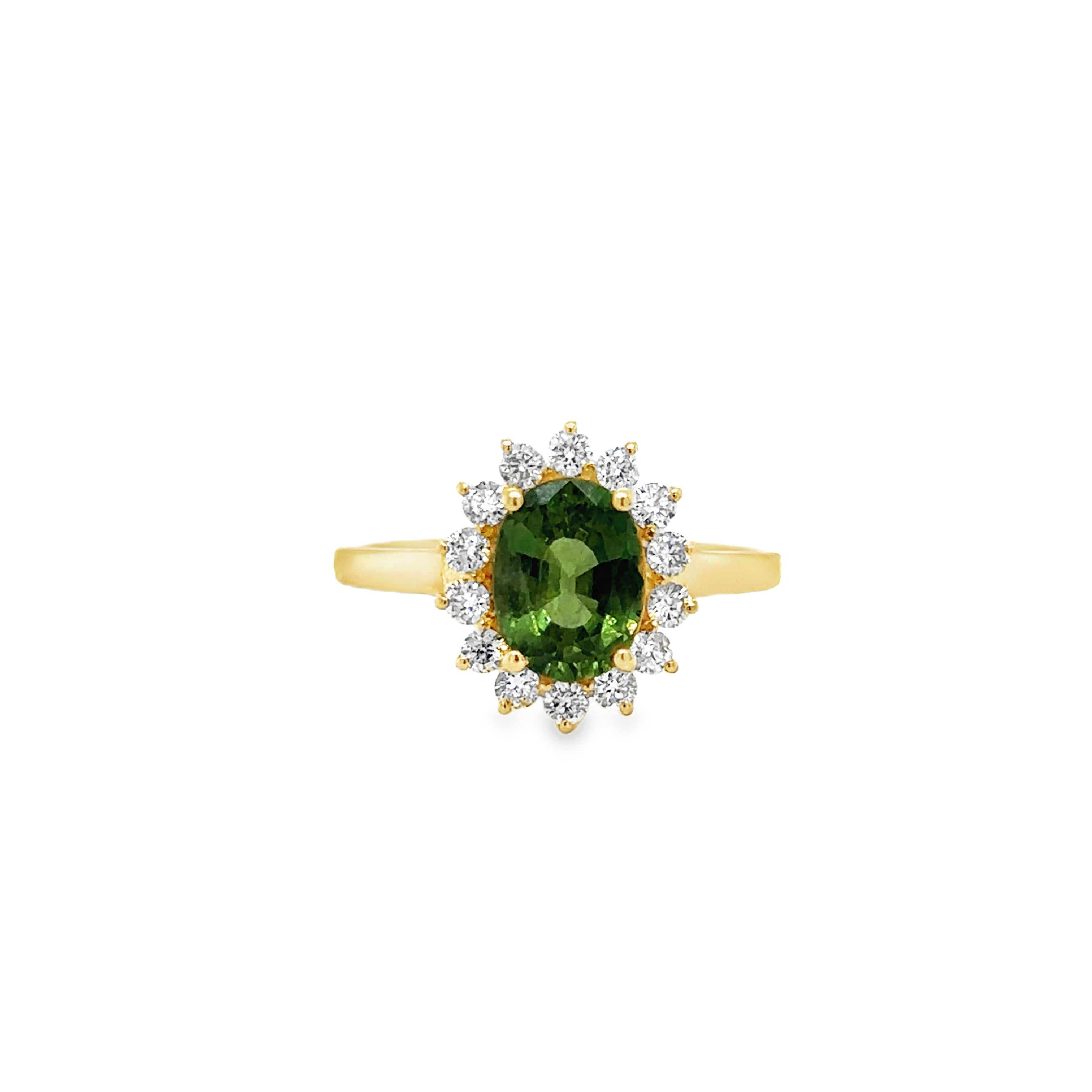 Anillo De Oro Amarillo De 14 Quilates Con Zafiro Verde Y Diamantes 2.24 Ct.
