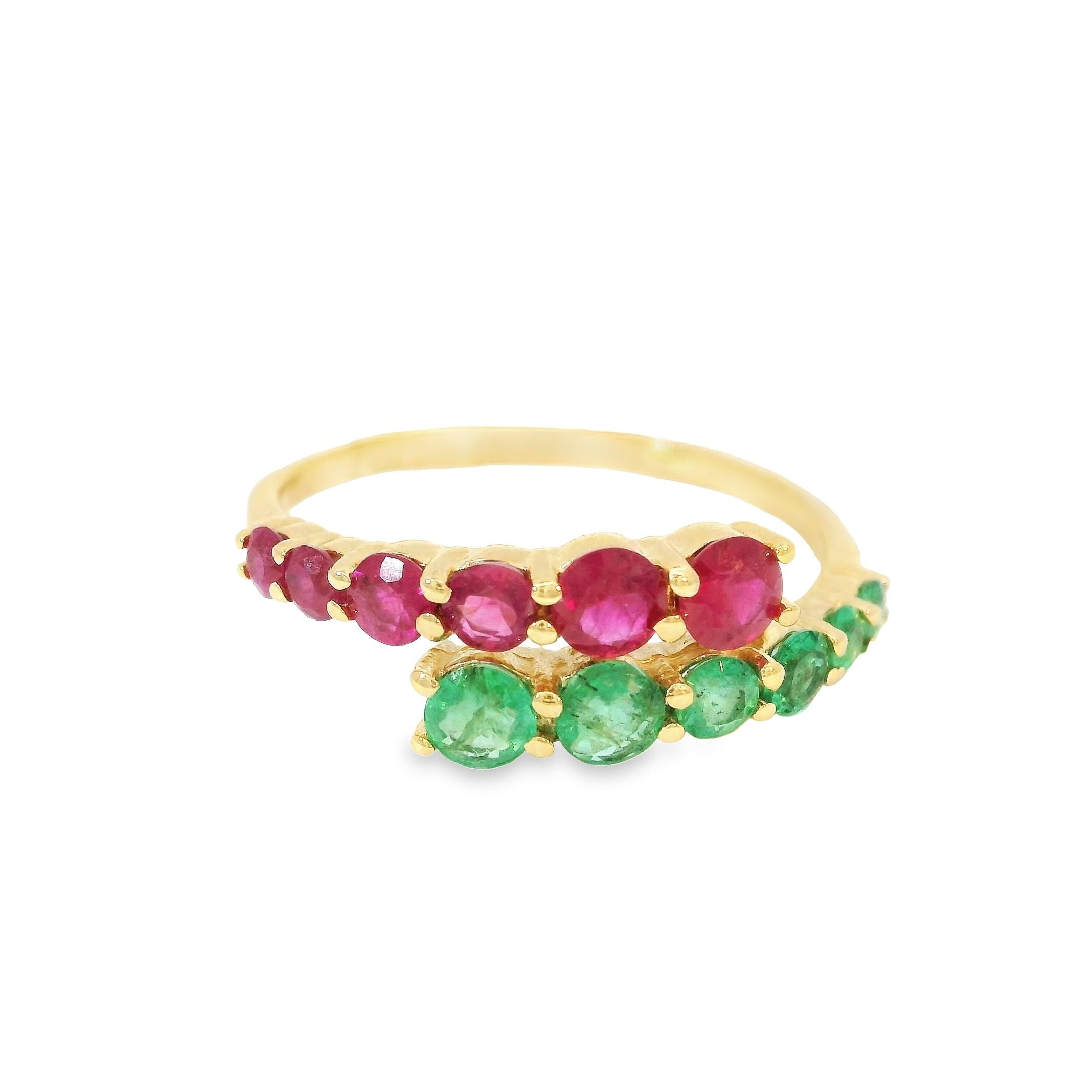 Anillo De Esmeralda Y Rubí En Oro Amarillo De 14Kt, 0.95 CT